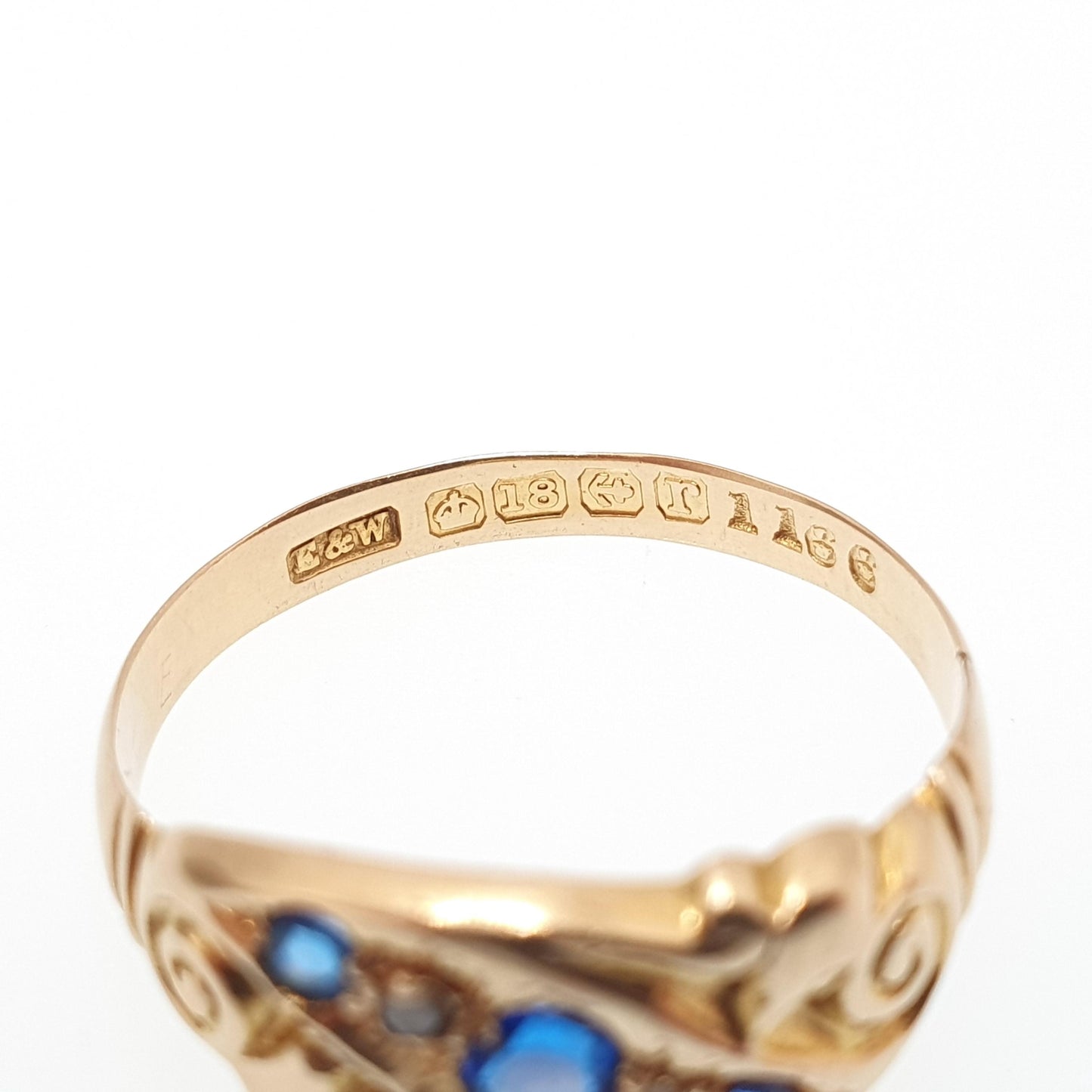 Antique 18ct 18k Gold Diamond & Sapphire Ring Solid 750 1916 Hallmark Scroll Five Gemstone Vintage Jewelry Jewellery