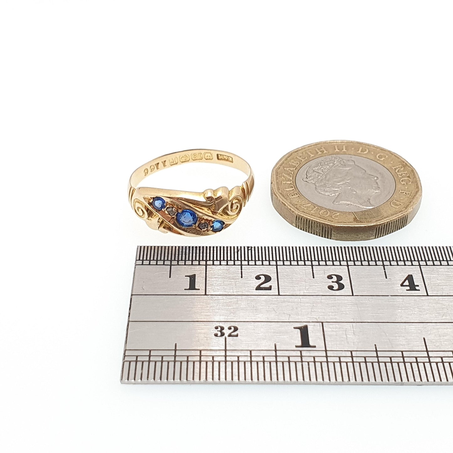 Antique 18ct 18k Gold Diamond & Sapphire Ring Solid 750 1916 Hallmark Scroll Five Gemstone Vintage Jewelry Jewellery