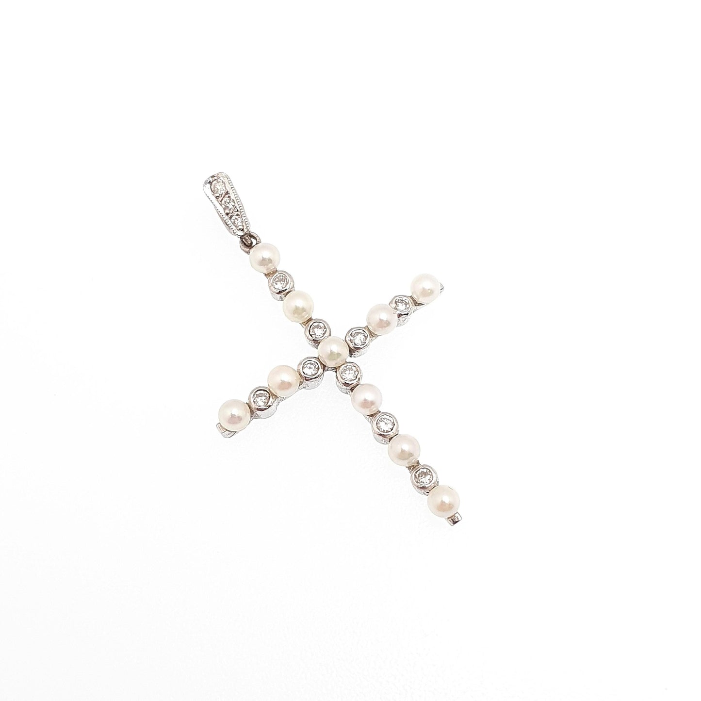 Antique Art Deco 18ct White Gold Diamond Cross Pendant Cultured Pearl Crucifix Necklace Brilliant Cut Solid 750 18k 18kt Vintage