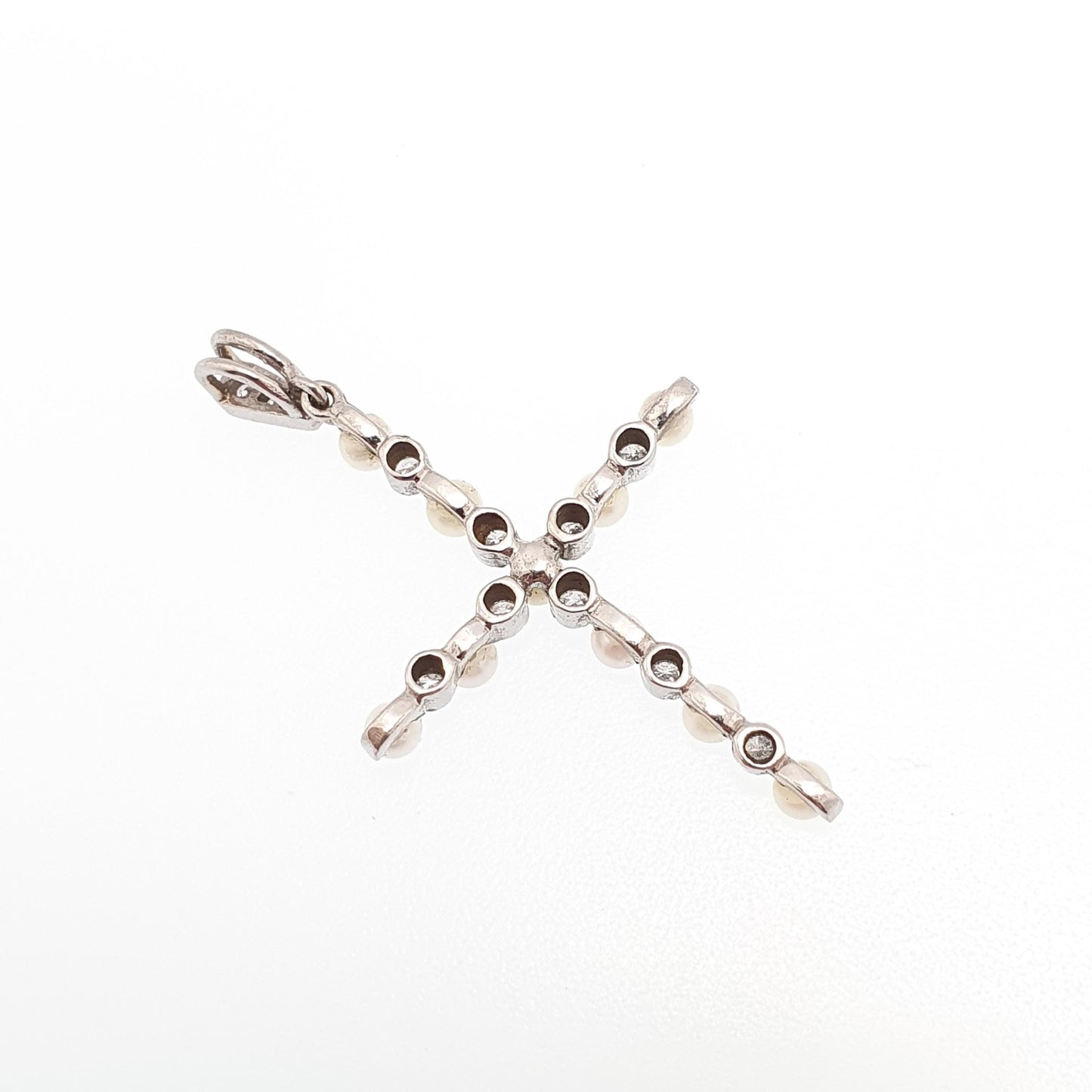 Antique Art Deco 18ct White Gold Diamond Cross Pendant Cultured Pearl Crucifix Necklace Brilliant Cut Solid 750 18k 18kt Vintage
