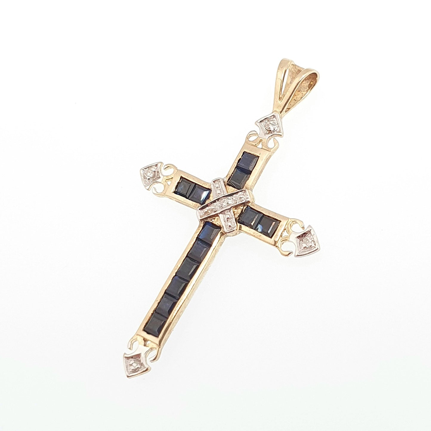Vintage 9k 9ct Gold Sapphire & Diamond Cross Crucifix Necklace Pendant Solid 375 9kt Square Cut Channel Set Jewelry Jewellery