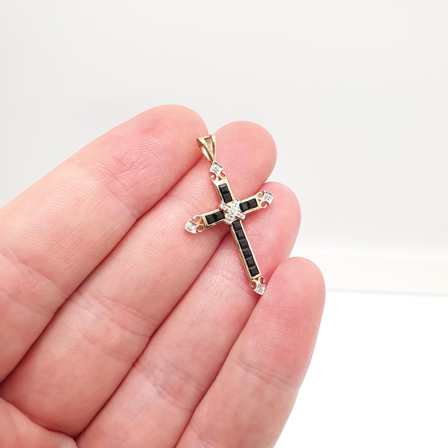 Vintage 9k 9ct Gold Sapphire & Diamond Cross Crucifix Necklace Pendant Solid 375 9kt Square Cut Channel Set Jewelry Jewellery