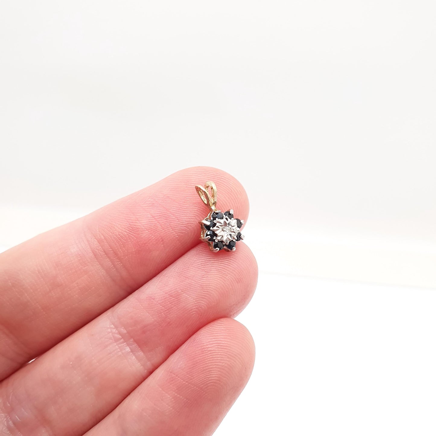 Vintage 9k 9ct Gold Sapphire & Diamond Necklace Cluster Pendant Halo Solid 375 Yellow Womens Jewelry Retro Jewellery