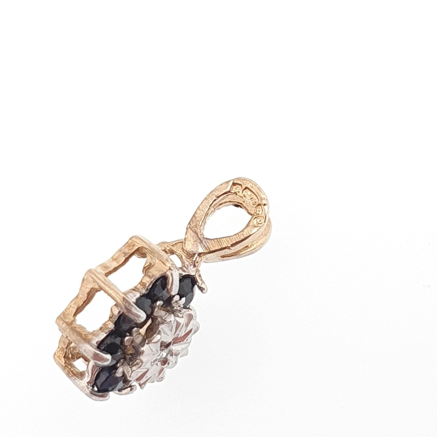 Vintage 9k 9ct Gold Sapphire & Diamond Necklace Cluster Pendant Halo Solid 375 Yellow Womens Jewelry Retro Jewellery