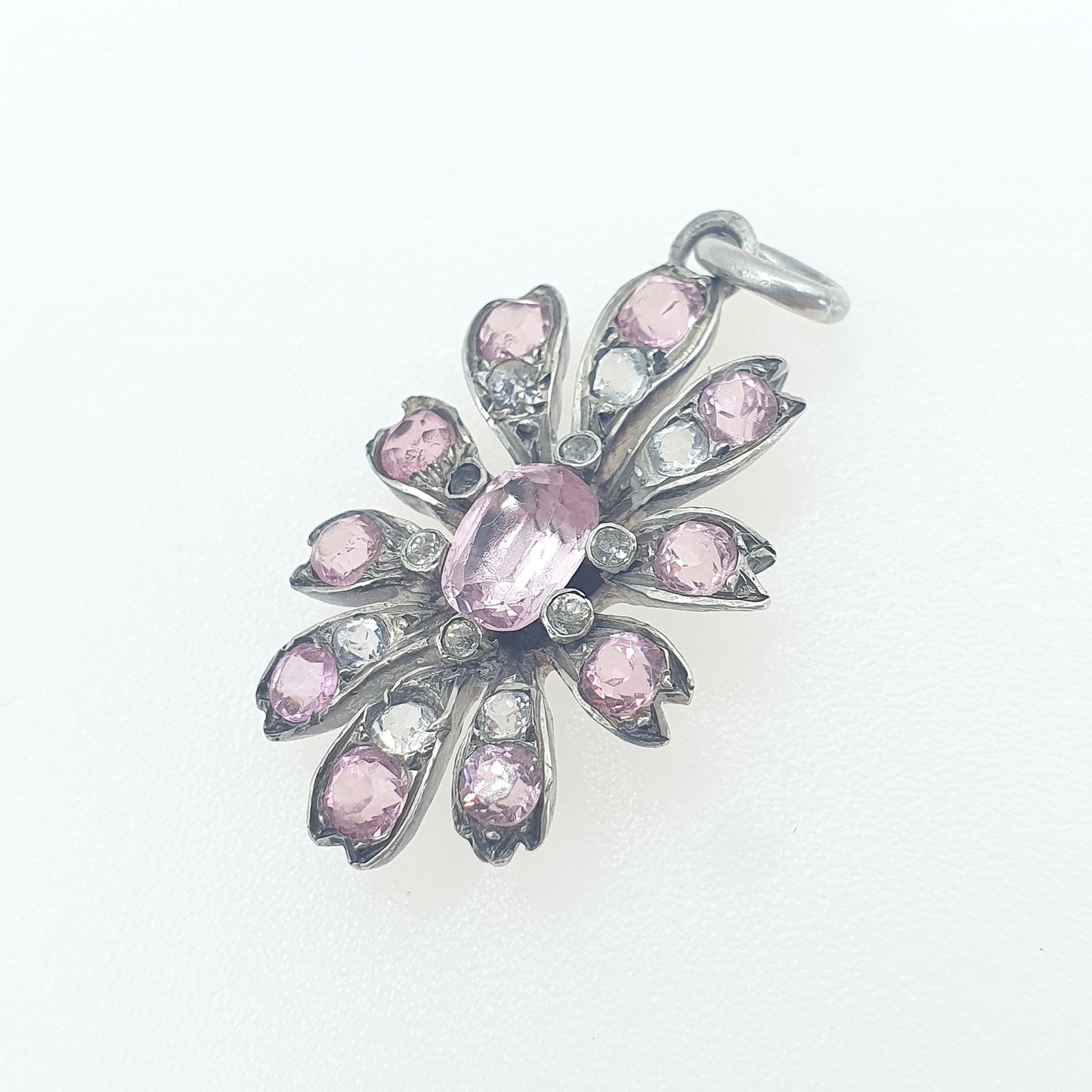 Antique Victorian Solid Silver Pink & White Paste Flower Pendant Handmade Art Nouveau Vintage Necklace Womens Jewelry Mens Jewellery