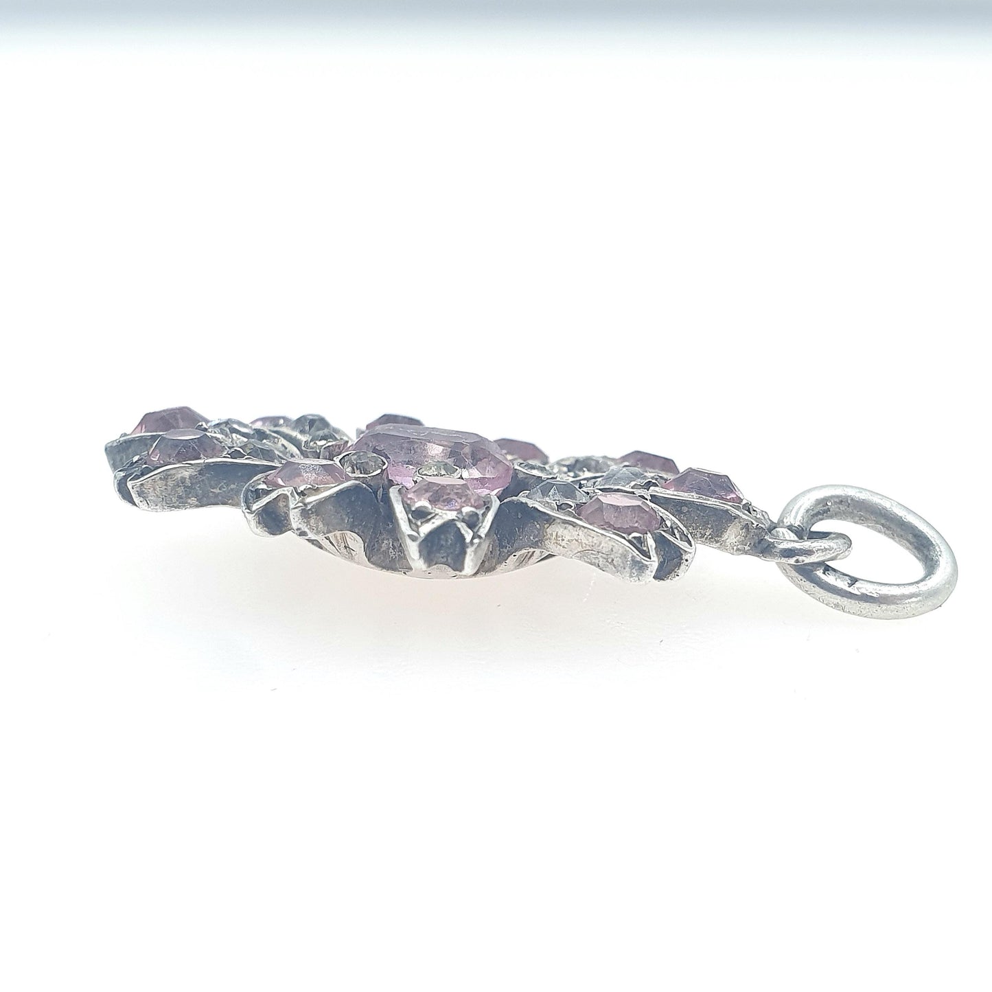 Antique Victorian Solid Silver Pink & White Paste Flower Pendant Handmade Art Nouveau Vintage Necklace Womens Jewelry Mens Jewellery