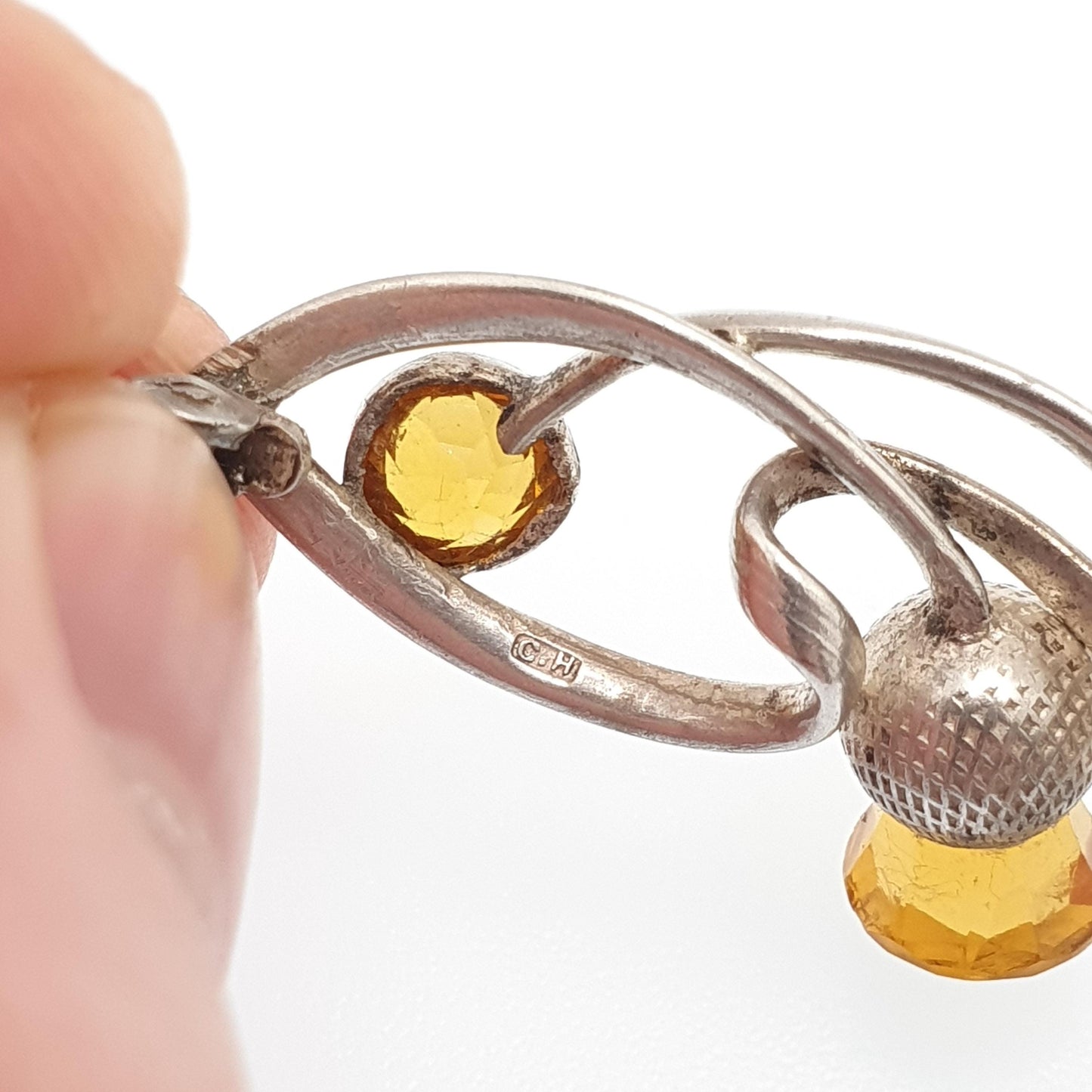 Antique Charles Horner Sterling Silver Citrine Paste Brooch Thistle Knot 1911 Hallmarked Art Nouveau Genuine CH Jewellery Womens Jewelry