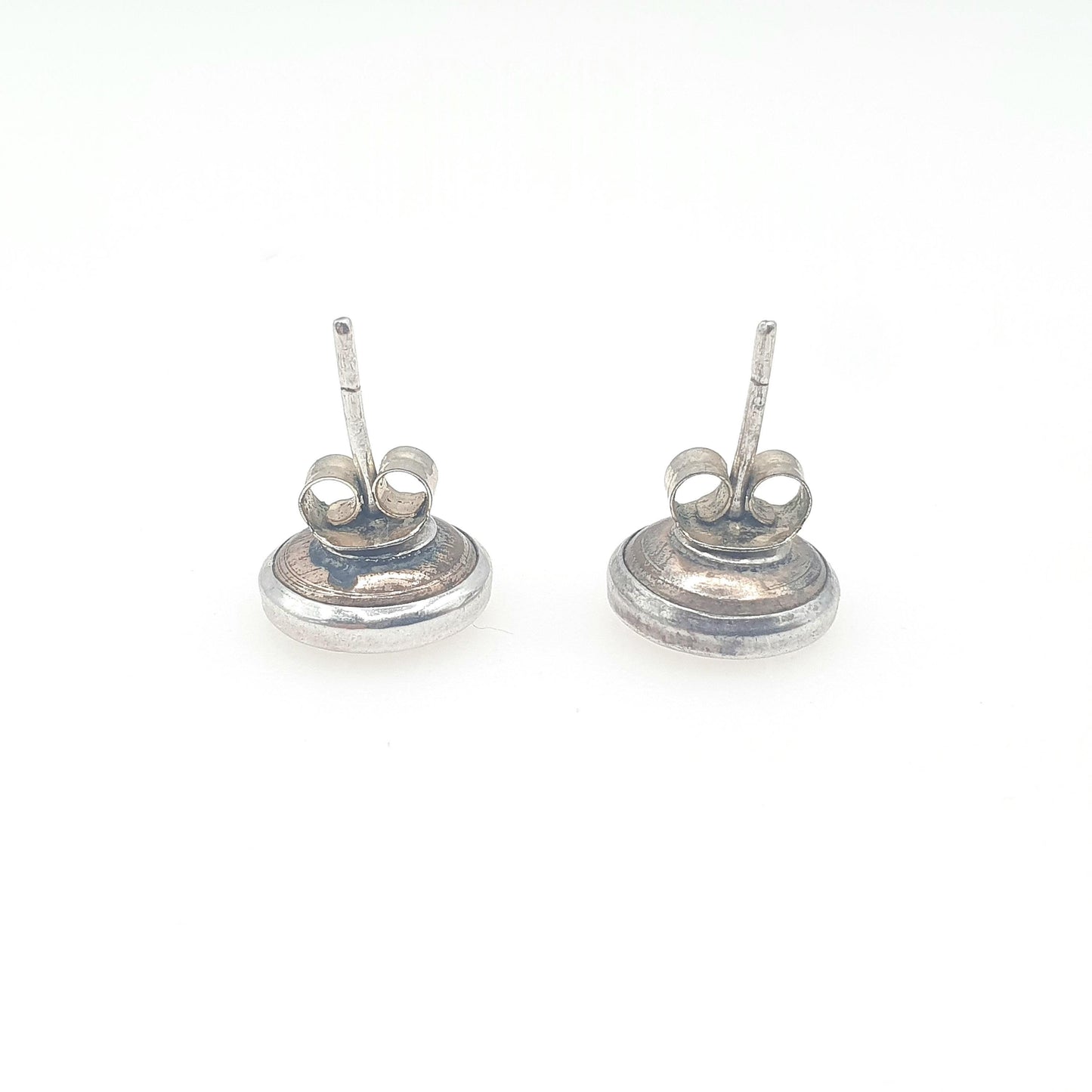 Antique Victorian Solid Silver Rim Turquoise Glass Earrings Mother of Pearl Stud Womens Round Vintage Ladies Jewellery Jewelry