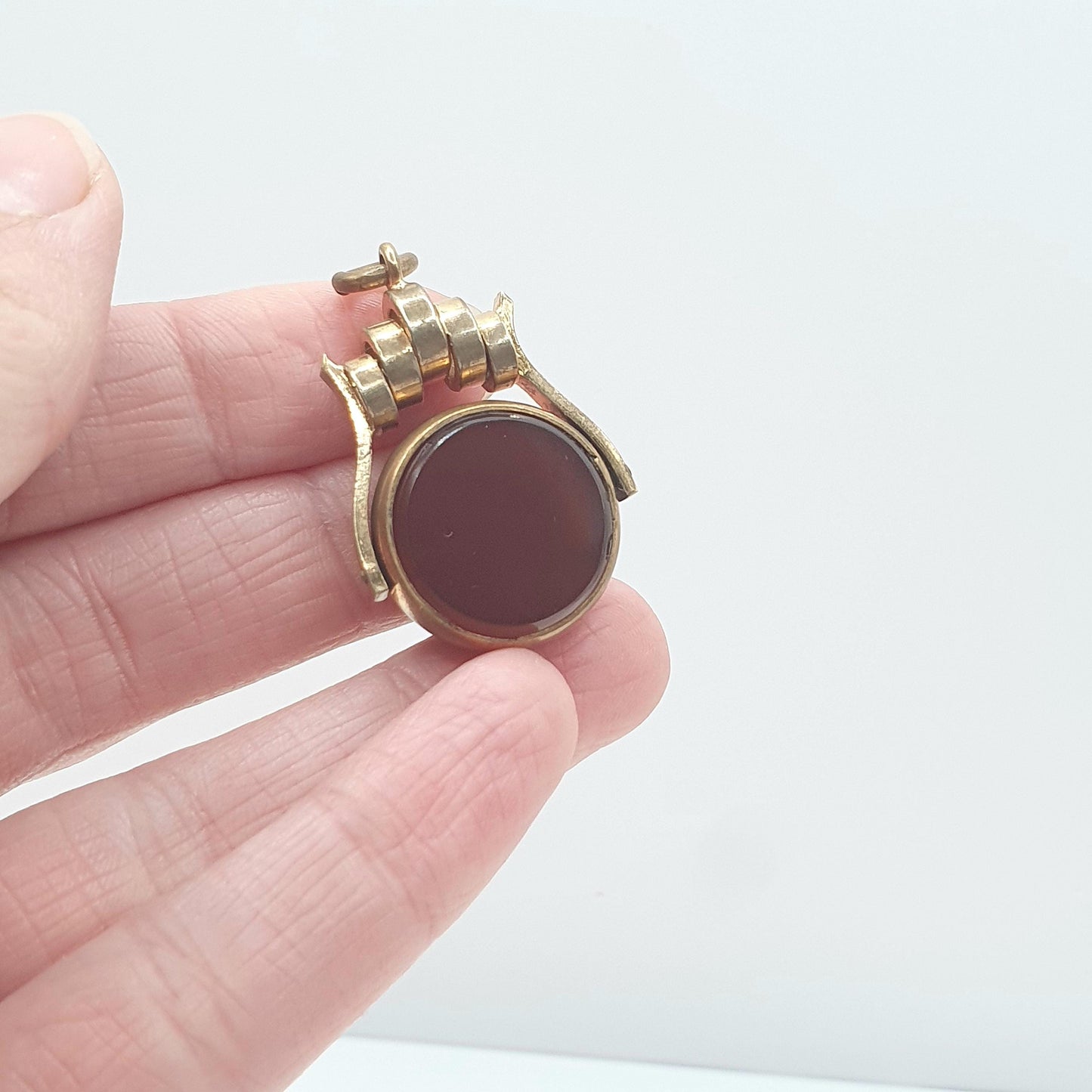 Antique Rolled Gold Bloodstone & Carnelian Spinner Fob Pendant Red Green Necklace Womens Jewellery Mens Jewelry Unisex