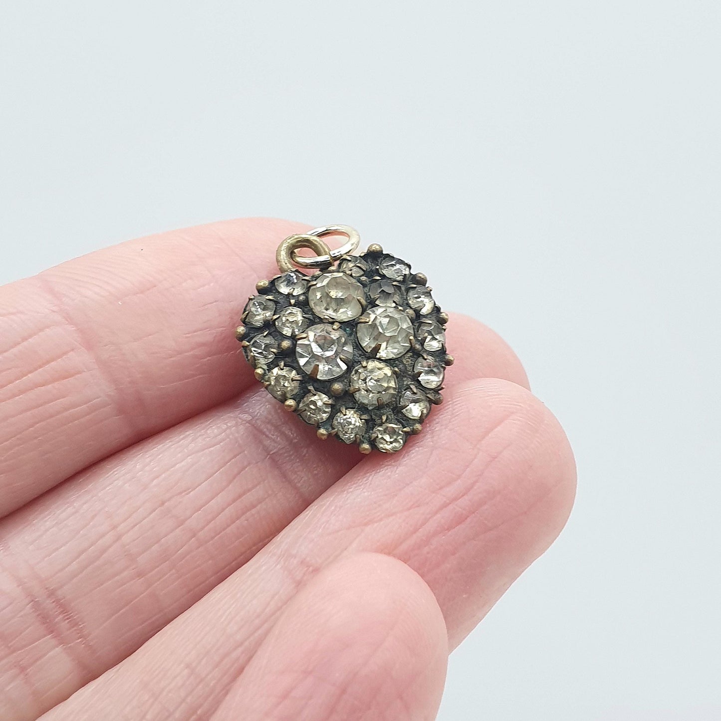 Antique Victorian Diamond Paste Puffer Heart Pendant Gold Tone Base Metal Necklace Sparkly Vintage Mens Womens Jewellery Jewelry