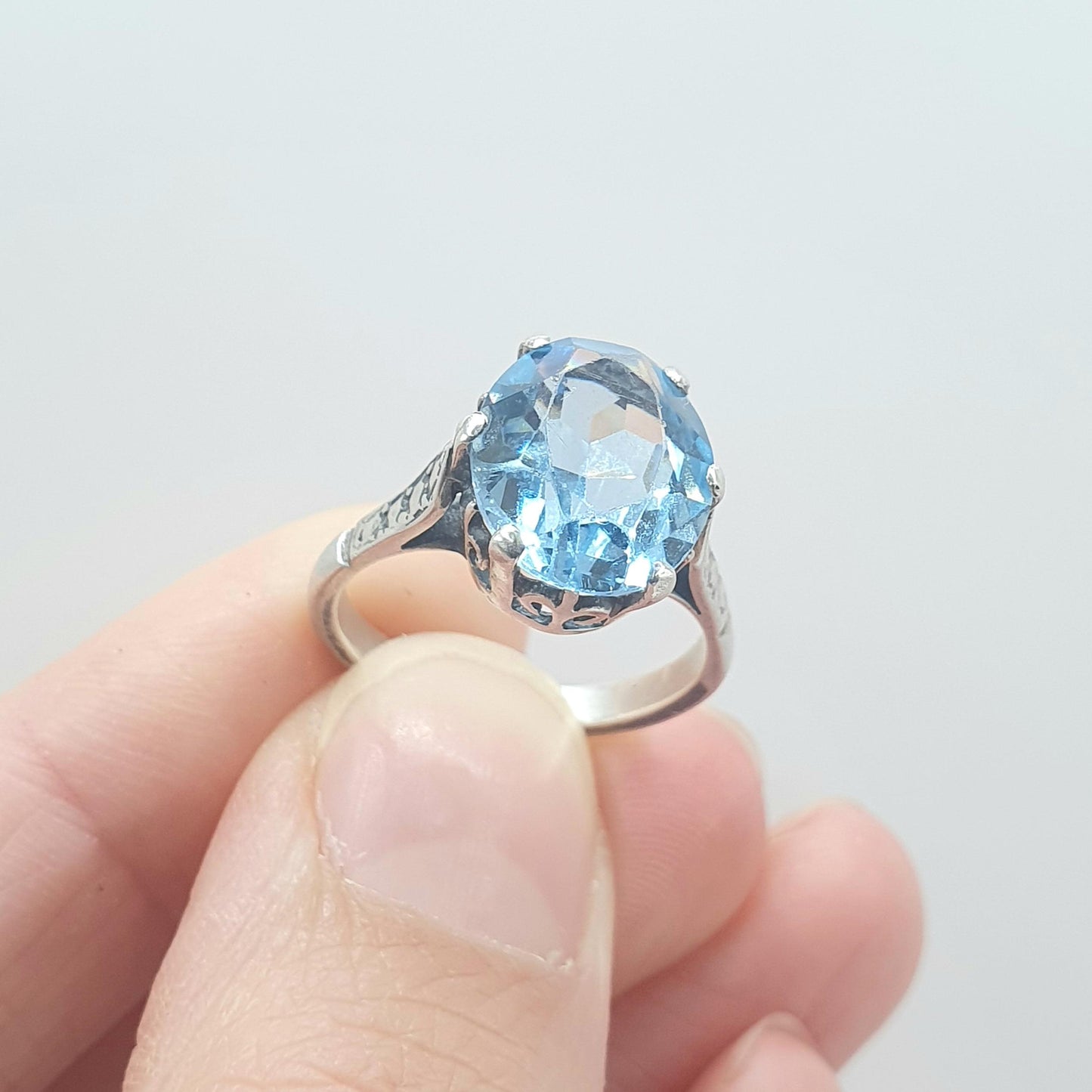 Antique Art Deco Solid Silver Aquamarine Paste Ring Oval Cut Cyan Blue Glass Solitaire Womens Mens Vintage Jewelry Jewellery