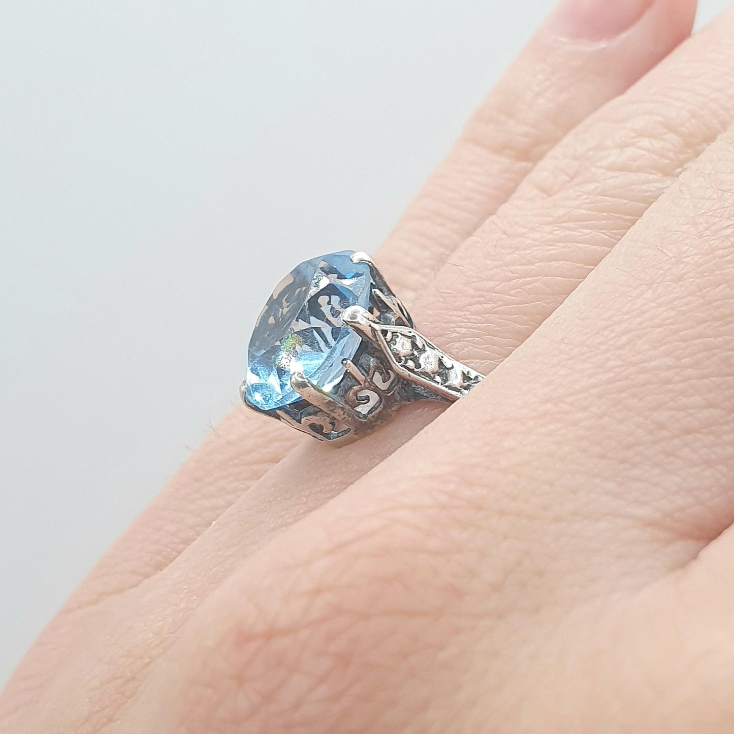 Antique Art Deco Solid Silver Aquamarine Paste Ring Oval Cut Cyan Blue Glass Solitaire Womens Mens Vintage Jewelry Jewellery