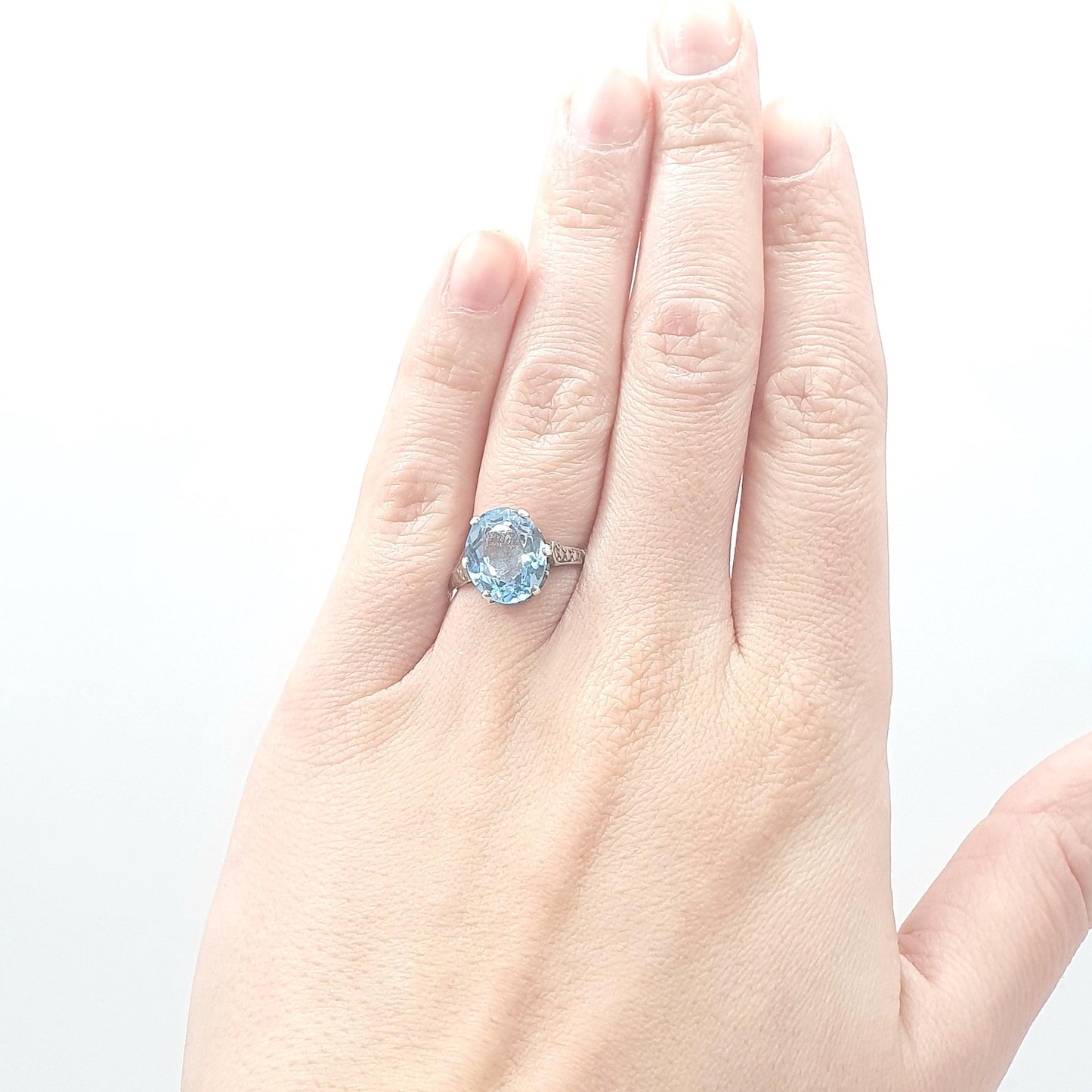 Antique Art Deco Solid Silver Aquamarine Paste Ring Oval Cut Cyan Blue Glass Solitaire Womens Mens Vintage Jewelry Jewellery