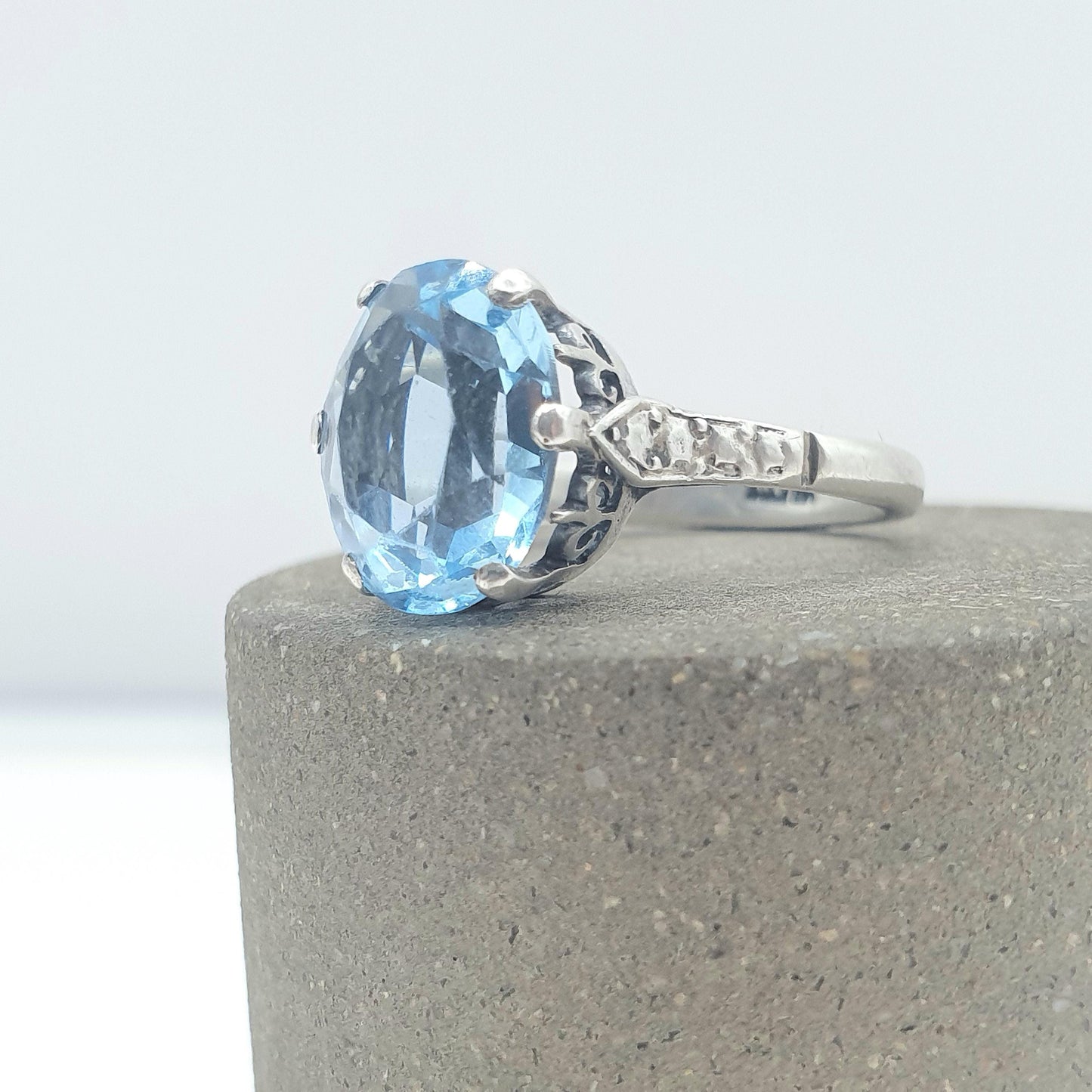 Antique Art Deco Solid Silver Aquamarine Paste Ring Oval Cut Cyan Blue Glass Solitaire Womens Mens Vintage Jewelry Jewellery