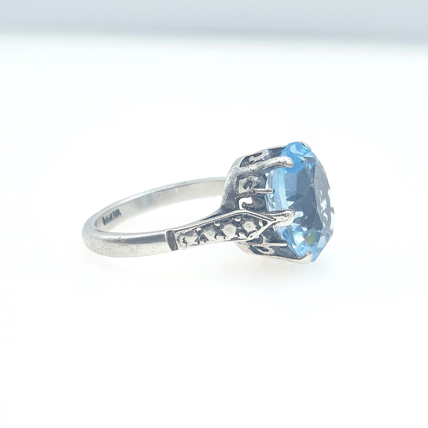Antique Art Deco Solid Silver Aquamarine Paste Ring Oval Cut Cyan Blue Glass Solitaire Womens Mens Vintage Jewelry Jewellery