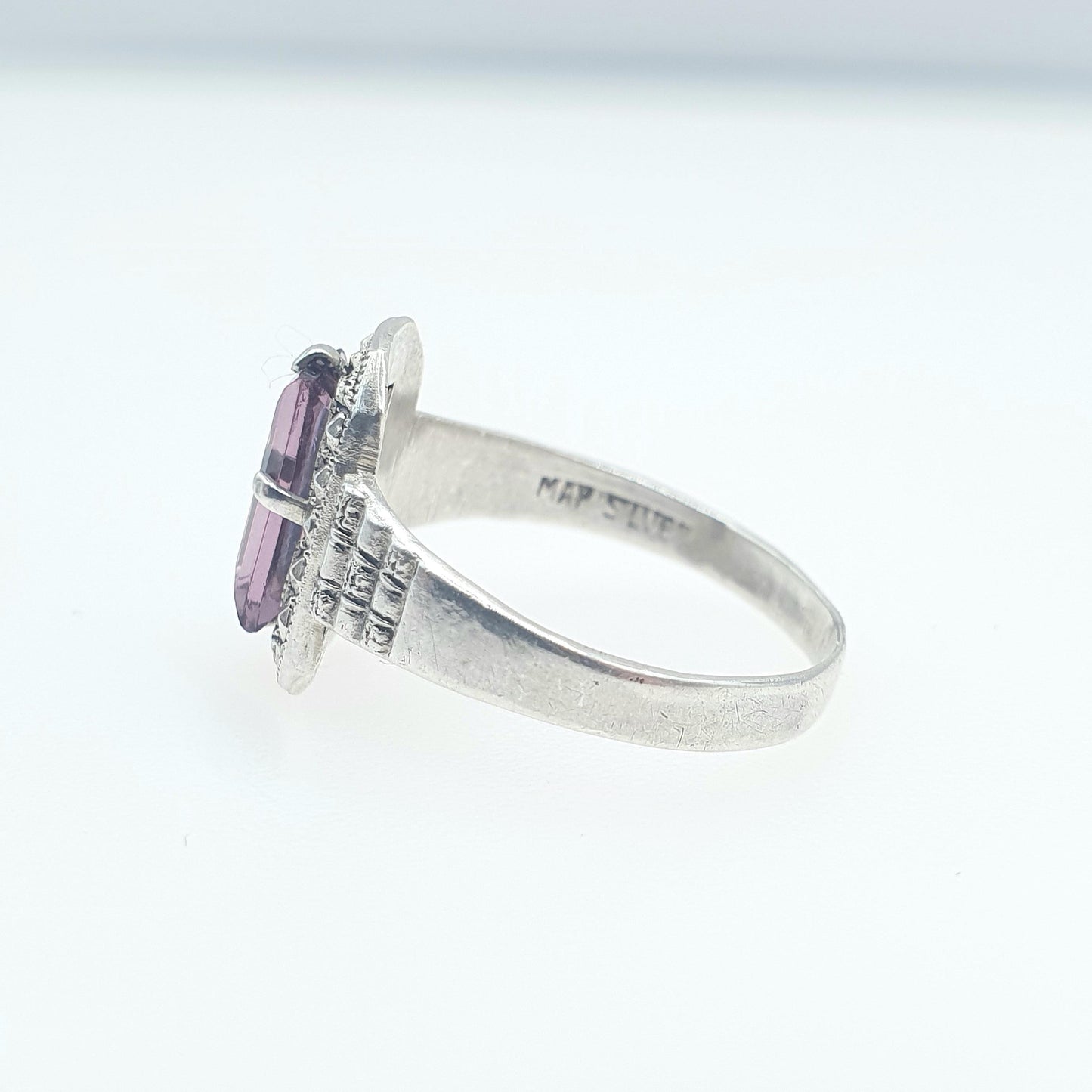 Antique Solid Silver Amethyst Paste Ring Rectagular Cut Art Deco Lilac Purple Womens Jewelry Retro Vintage Jewellery UK O.5 US 7.5