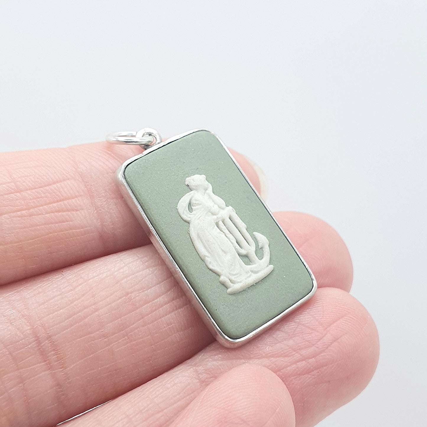 Vintage Sterling Silver Wedgwood Pendant Green Jasperware Rectangular Necklace Womens Jewelry Jewellery Mens