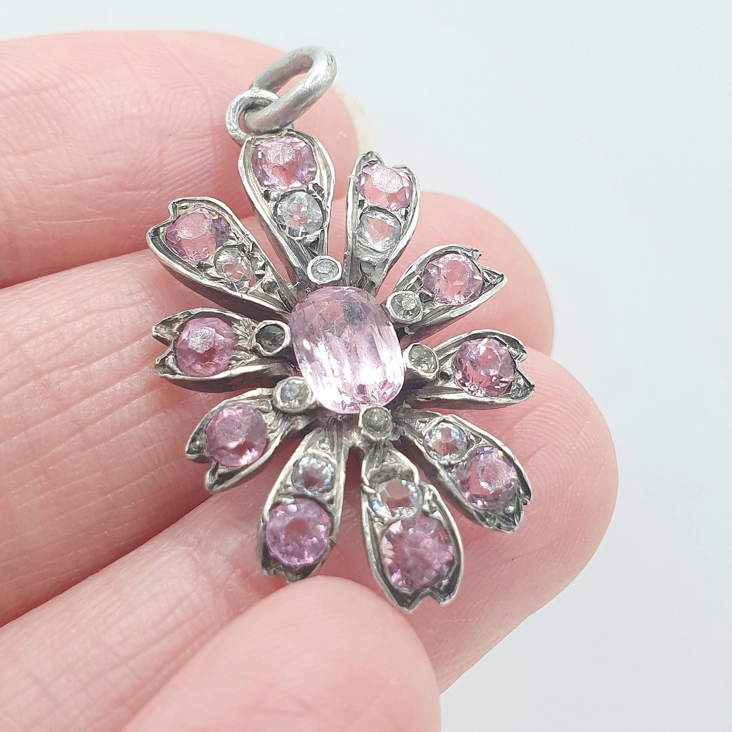 Antique Victorian Solid Silver Pink & White Paste Flower Pendant Handmade Art Nouveau Vintage Necklace Womens Jewelry Mens Jewellery