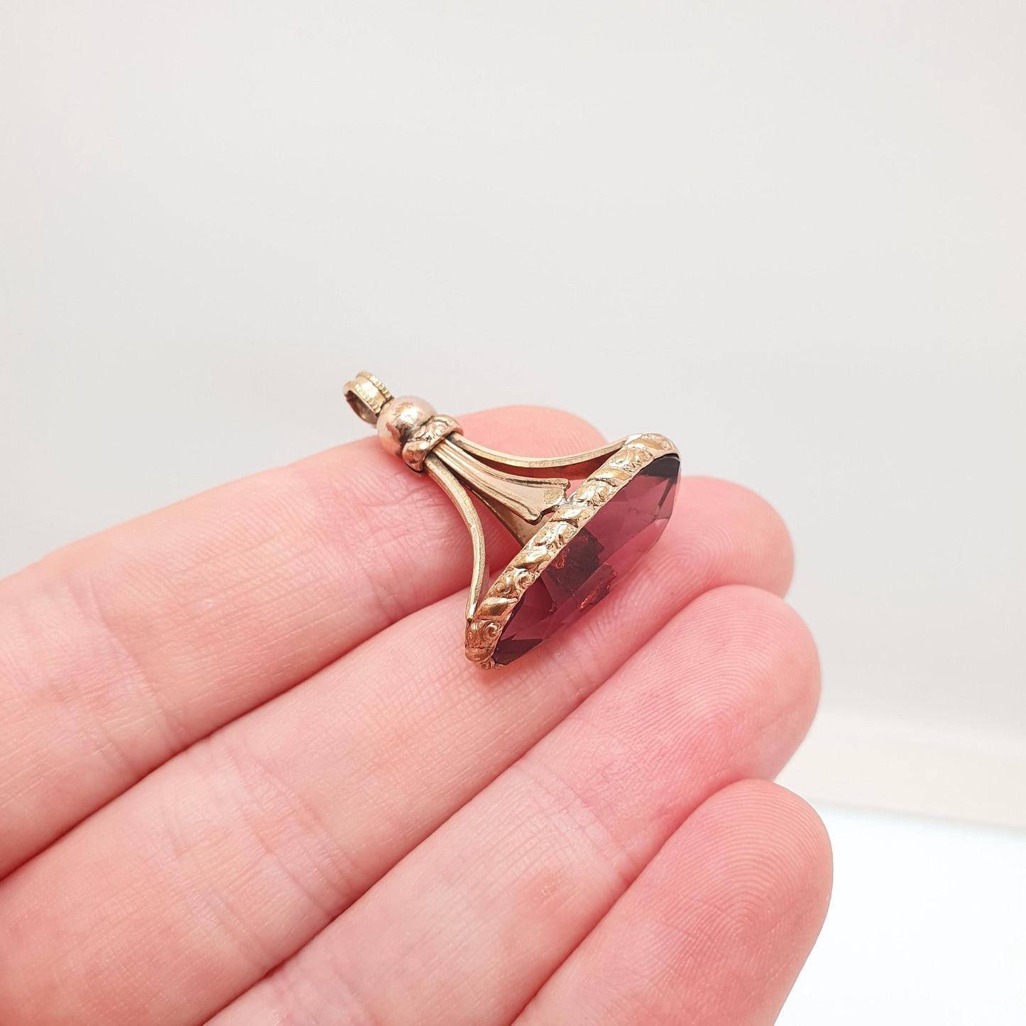 Antique Victorian Rolled Gold Amethyst Paste Fob Pendant Gold Filled Purple Glass Vintage Womens Jewellery Jewelry Charm