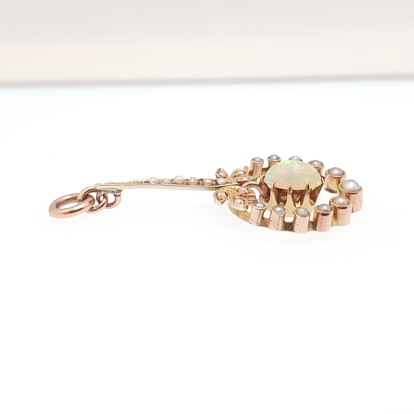 Antique 9ct Gold Opal Pendant Necklace Seed Pearl Solid 9k 9kt Natural Gemstone Womens Vintage Jewelry Jewellery