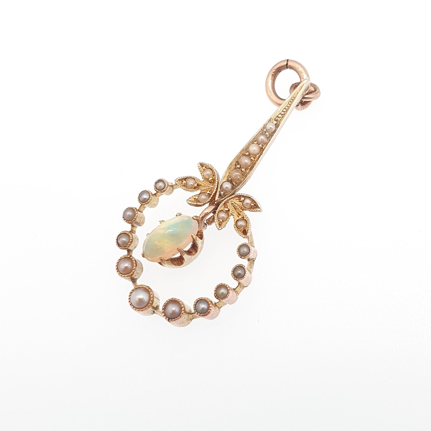Antique 9ct Gold Opal Pendant Necklace Seed Pearl Solid 9k 9kt Natural Gemstone Womens Vintage Jewelry Jewellery