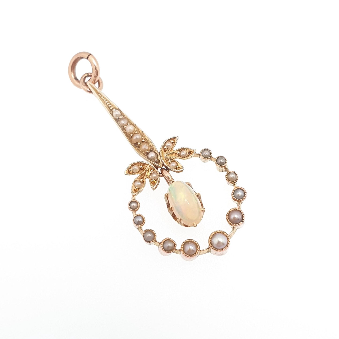 Antique 9ct Gold Opal Pendant Necklace Seed Pearl Solid 9k 9kt Natural Gemstone Womens Vintage Jewelry Jewellery