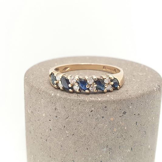 Vintage 9k Gold Diamond & Sapphire Ring Marquise Cut Solid 9ct 375 Hallmark Genuine Gemstone Womens Jewelry Jewellery