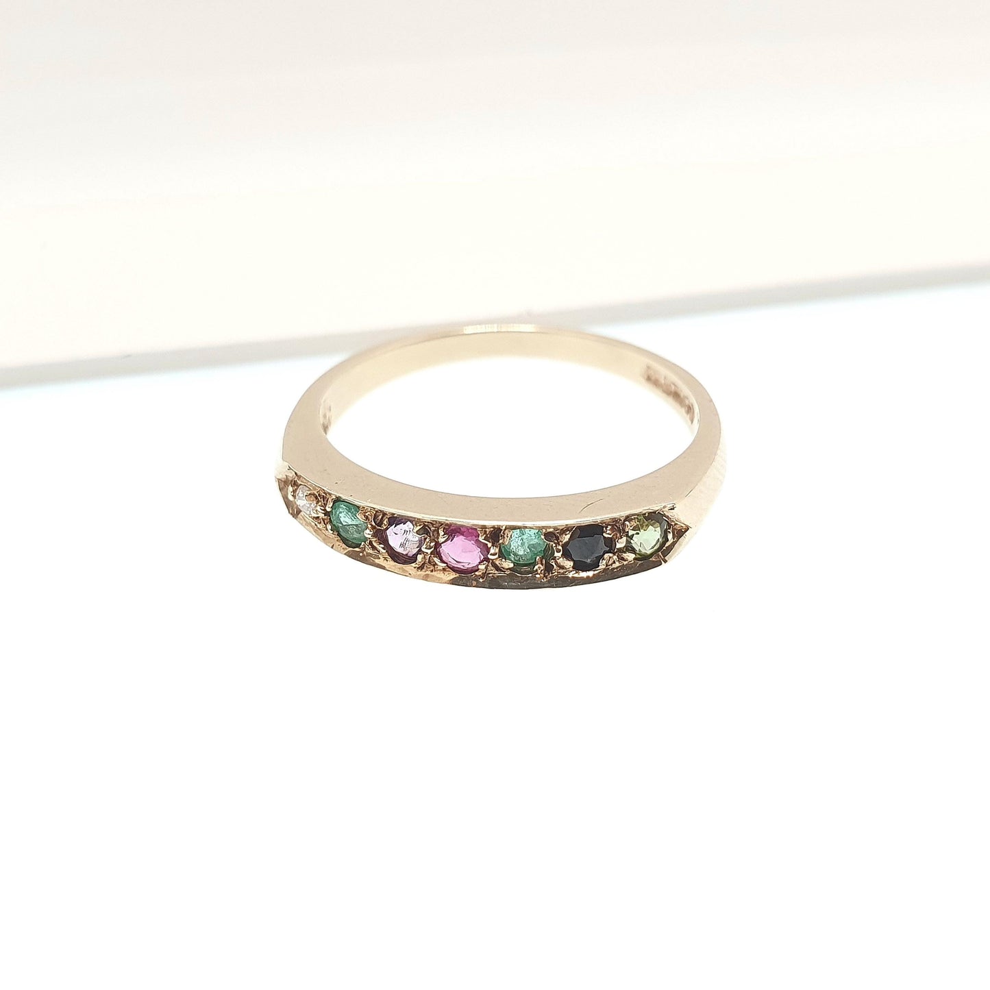 Vintage 9ct Gold DEAREST Ring Diamond Emerald Amethyst Ruby Sapphire Tourmaline Band Stacker Solid 9k 9kt Half Eternity