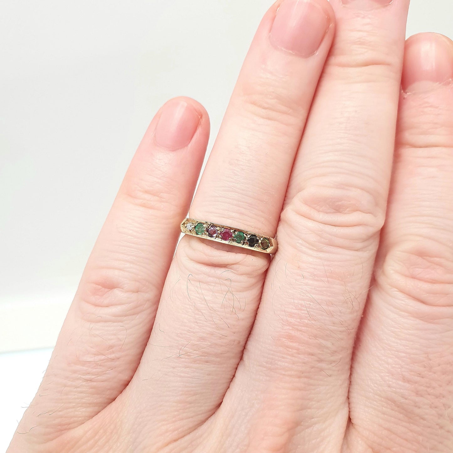 Vintage 9ct Gold DEAREST Ring Diamond Emerald Amethyst Ruby Sapphire Tourmaline Band Stacker Solid 9k 9kt Half Eternity