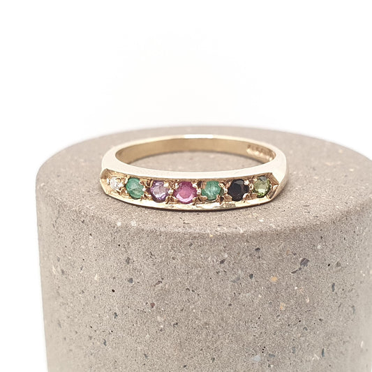 Vintage 9ct Gold DEAREST Ring Diamond Emerald Amethyst Ruby Sapphire Tourmaline Band Stacker Solid 9k 9kt Half Eternity