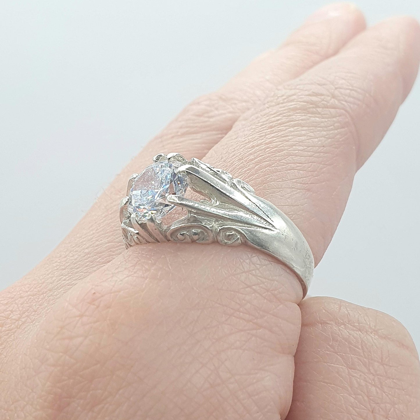 Vintage Solid Silver CZ Gypsy Ring Solitaire Round Cut Sparkly White Gemstone Large Retro Womens Mens Jewellery Jewelry UK U.5 US 10.25