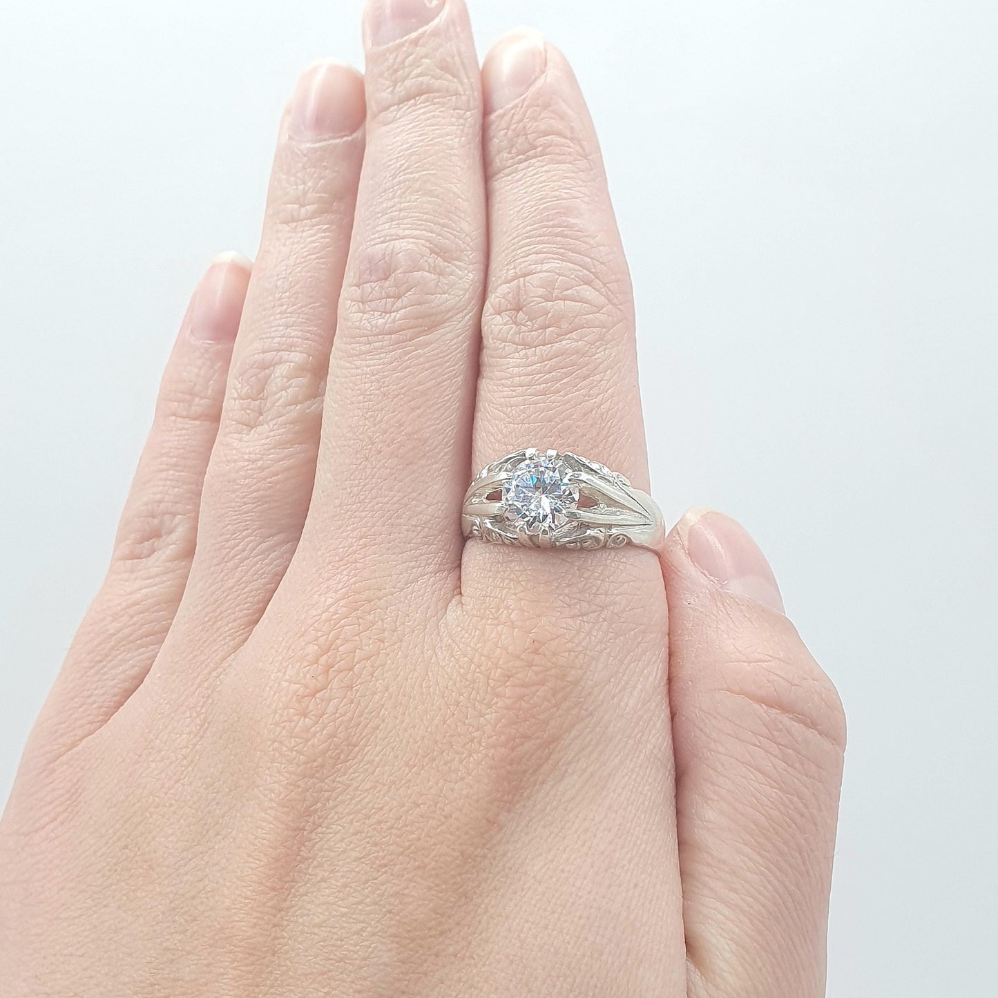 Vintage Solid Silver CZ Gypsy Ring Solitaire Round Cut Sparkly White Gemstone Large Retro Womens Mens Jewellery Jewelry UK U.5 US 10.25