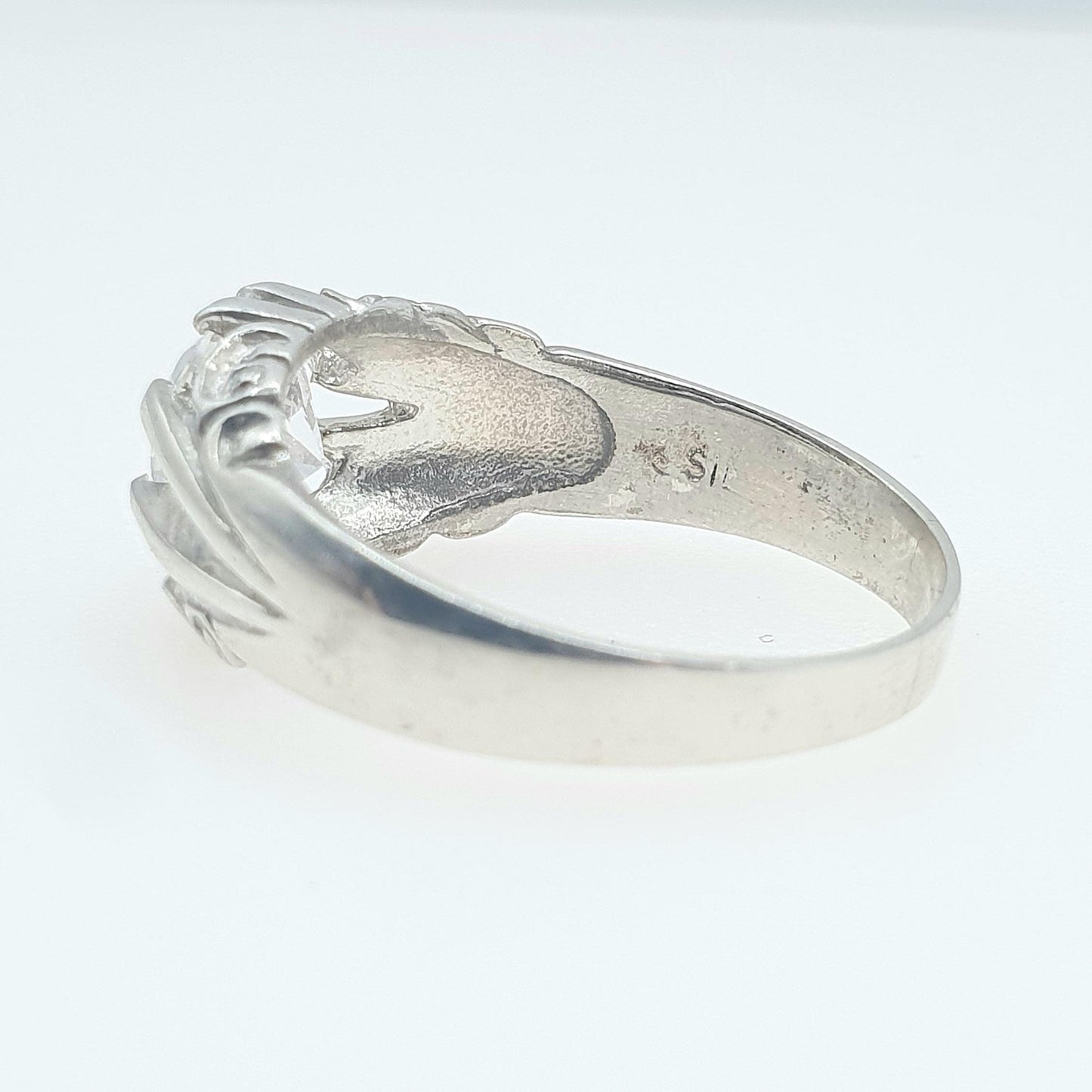 Vintage Solid Silver CZ Gypsy Ring Solitaire Round Cut Sparkly White Gemstone Large Retro Womens Mens Jewellery Jewelry UK U.5 US 10.25
