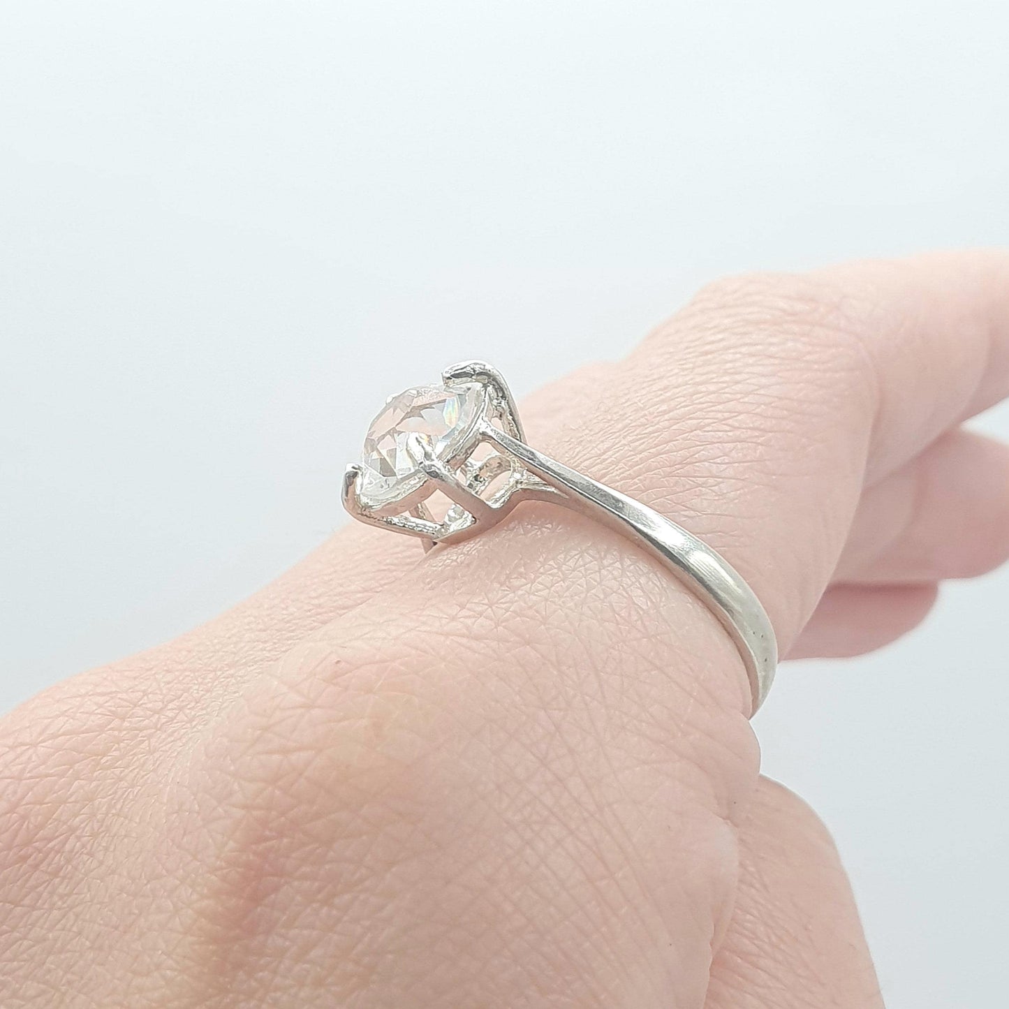 Vintage Sterling Silver White Crystal Solitaire Ring Cocktail Retro Solid 925 Jewellery Jewelry UK Q.5 or US 8.25