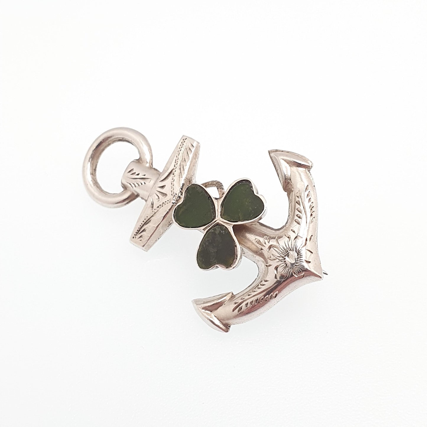 Antique Sterling Silver Clover & Anchor Brooch Pin Connemara Marble Hope Luck Sailing Boat Ship Jewelry Jewellery Vintage
