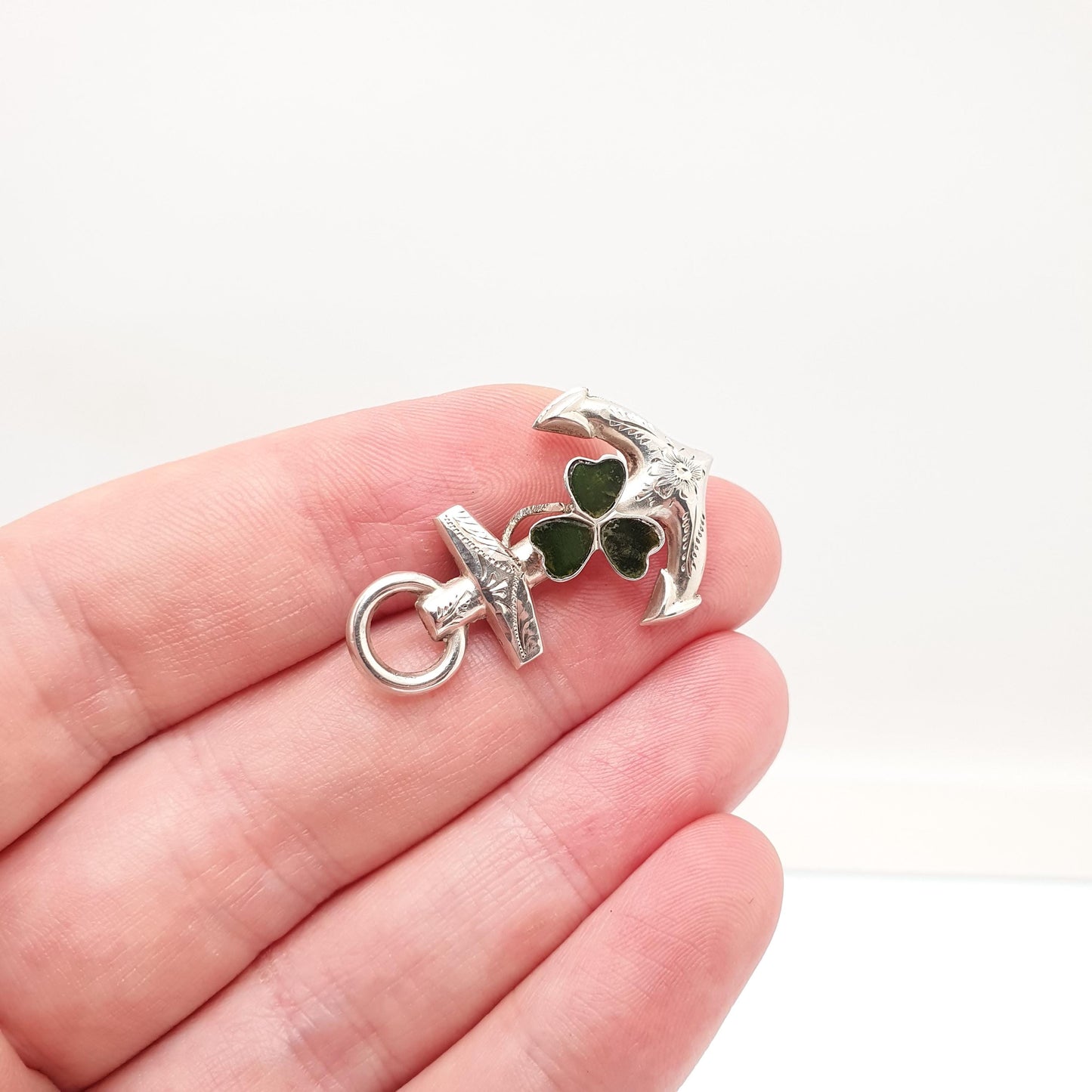 Antique Sterling Silver Clover & Anchor Brooch Pin Connemara Marble Hope Luck Sailing Boat Ship Jewelry Jewellery Vintage