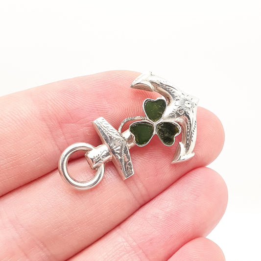 Antique Sterling Silver Clover & Anchor Brooch Pin Connemara Marble Hope Luck Sailing Boat Ship Jewelry Jewellery Vintage