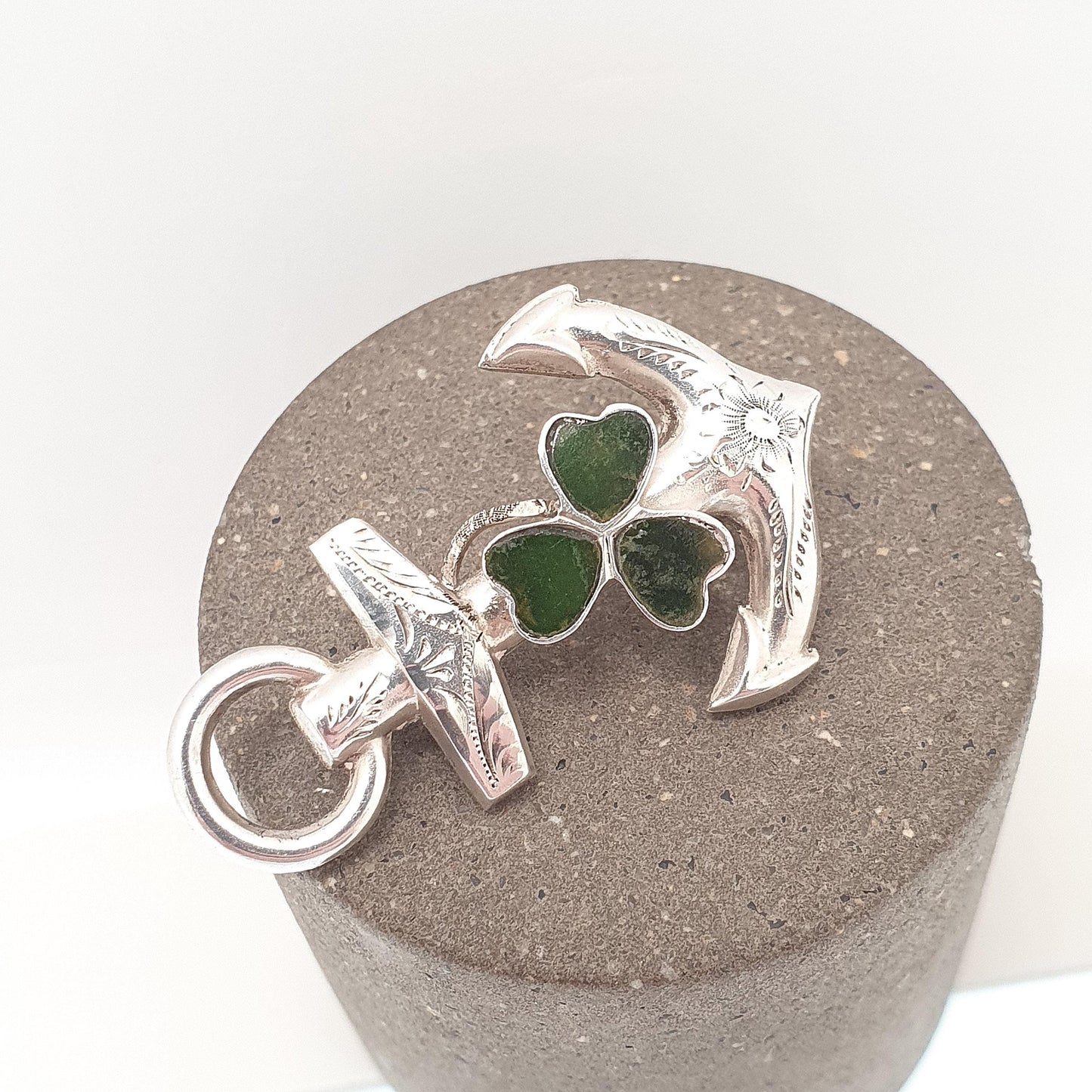Antique Sterling Silver Clover & Anchor Brooch Pin Connemara Marble Hope Luck Sailing Boat Ship Jewelry Jewellery Vintage
