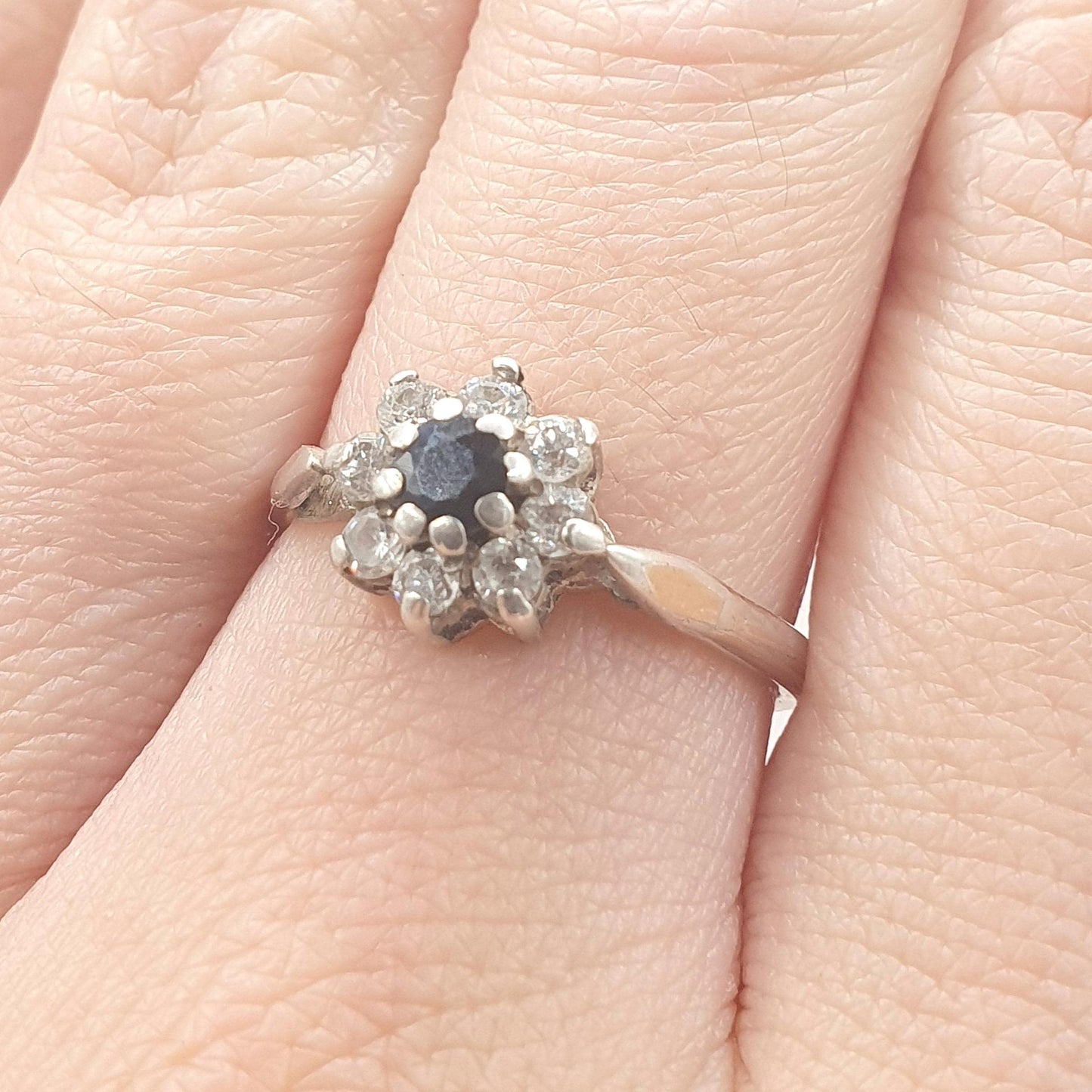 Vintage Sterling Silver Sapphire Cluster Ring Gold Vermeil CZ Border Sparkly Retro Womens Jewellery Jewelry UK N US6.75