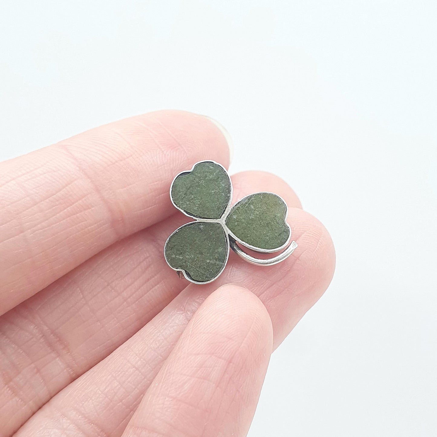 Antique Solid Silver Connemara Marble Clover Brooch Pin Irish Lucky Gift Celtic Jewelry Jewellery Mens Womens Unisex