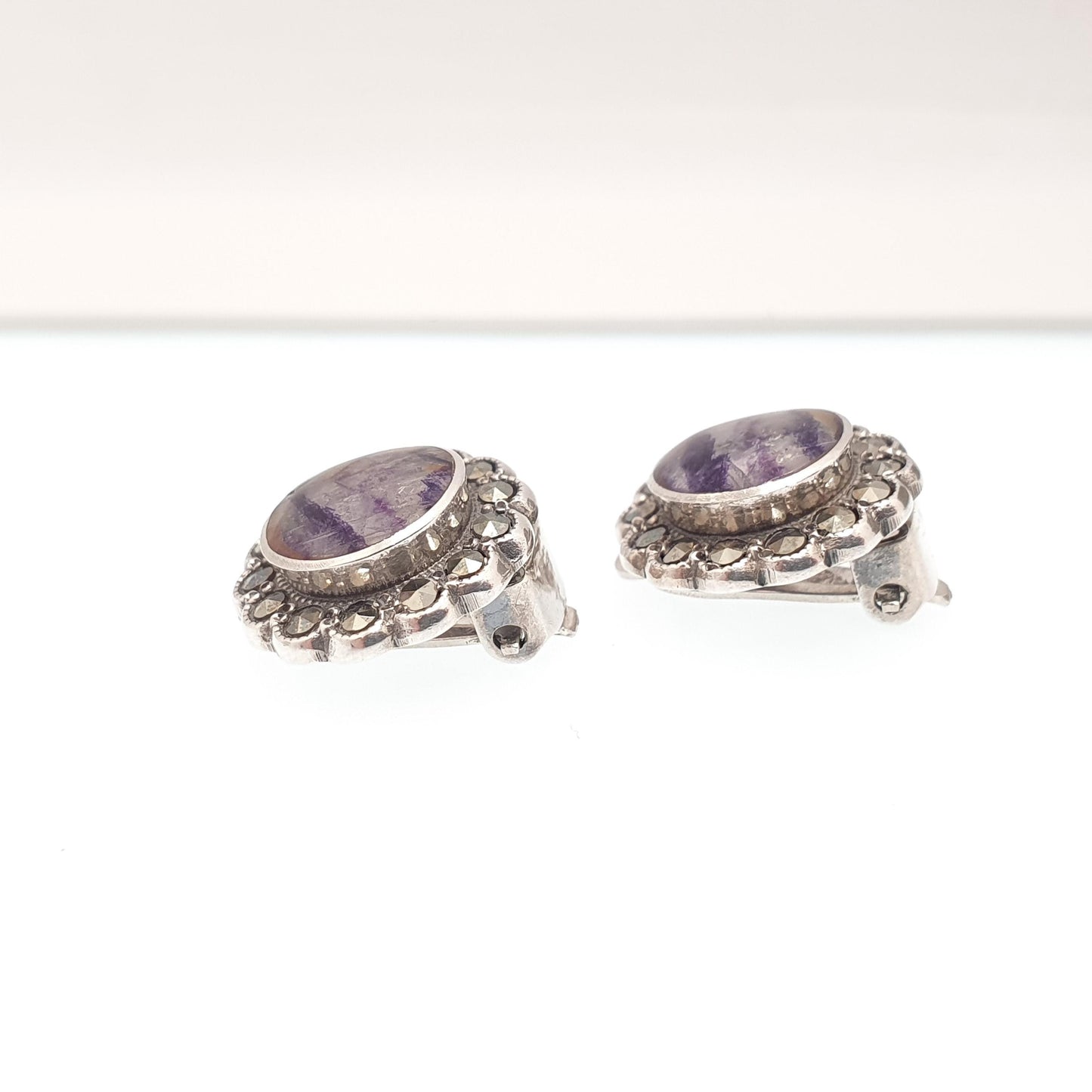 Antique Blue John Sterling Silver Earrings Art Deco Marcasite 1920s Clip On Bleu Jaune Womens Gemstone Jewelry Jewellery