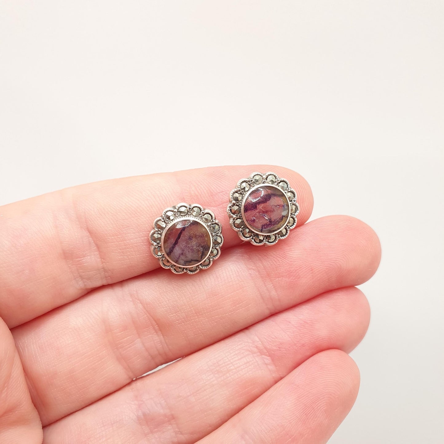 Antique Blue John Sterling Silver Earrings Art Deco Marcasite 1920s Clip On Bleu Jaune Womens Gemstone Jewelry Jewellery