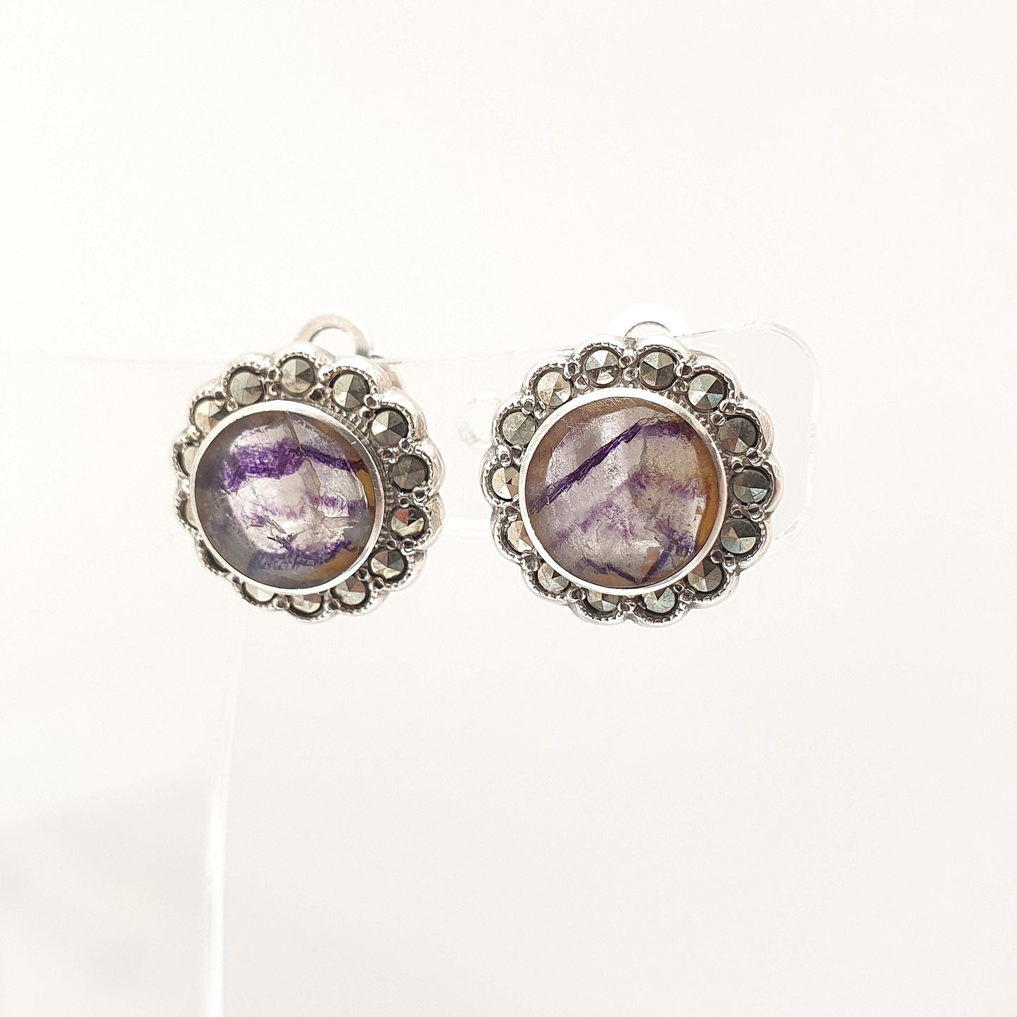 Antique Blue John Sterling Silver Earrings Art Deco Marcasite 1920s Clip On Bleu Jaune Womens Gemstone Jewelry Jewellery