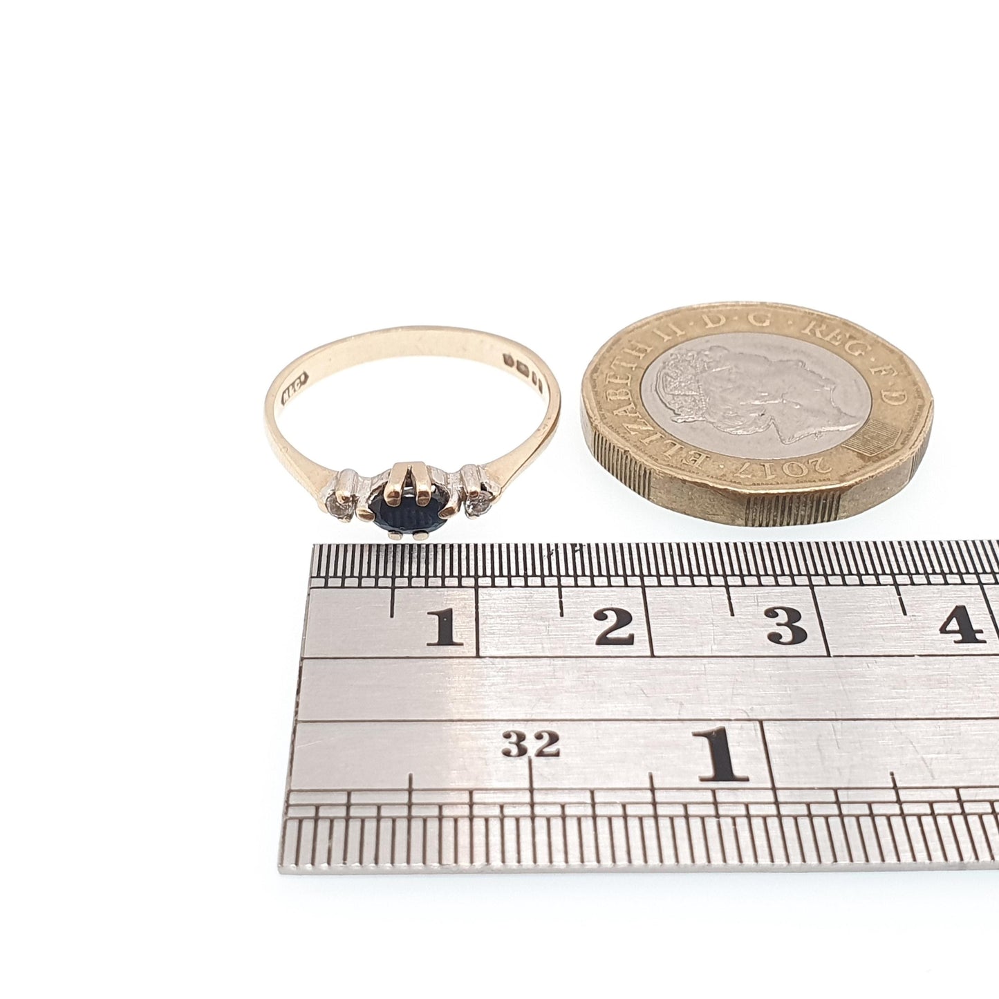 Vintage Diamond & Sapphire 9kt Gold Ring Solid 9ct 9k Marquise Cut Blue Gemstone Stacker Stacking Jewelry Jewellery