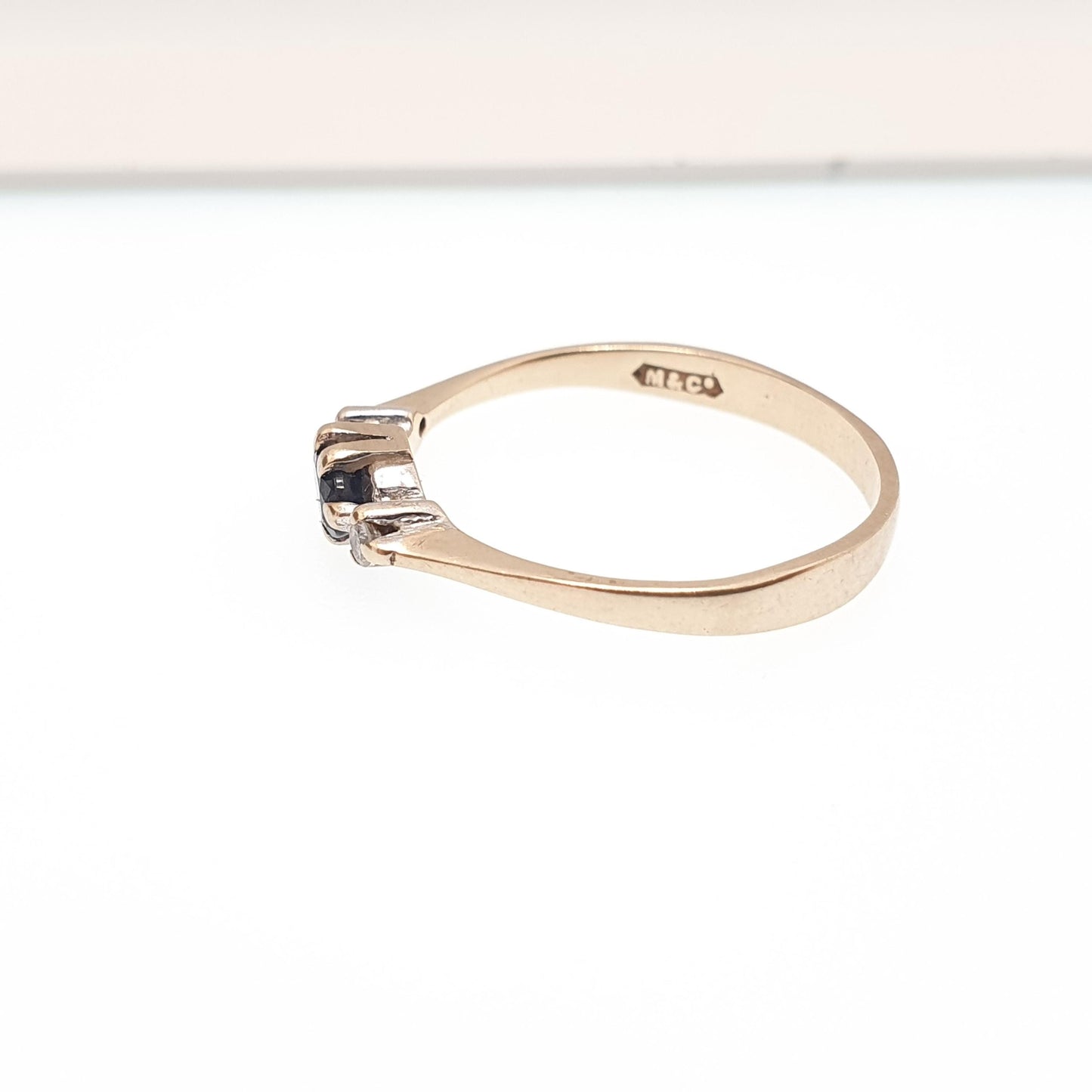 Vintage Diamond & Sapphire 9kt Gold Ring Solid 9ct 9k Marquise Cut Blue Gemstone Stacker Stacking Jewelry Jewellery