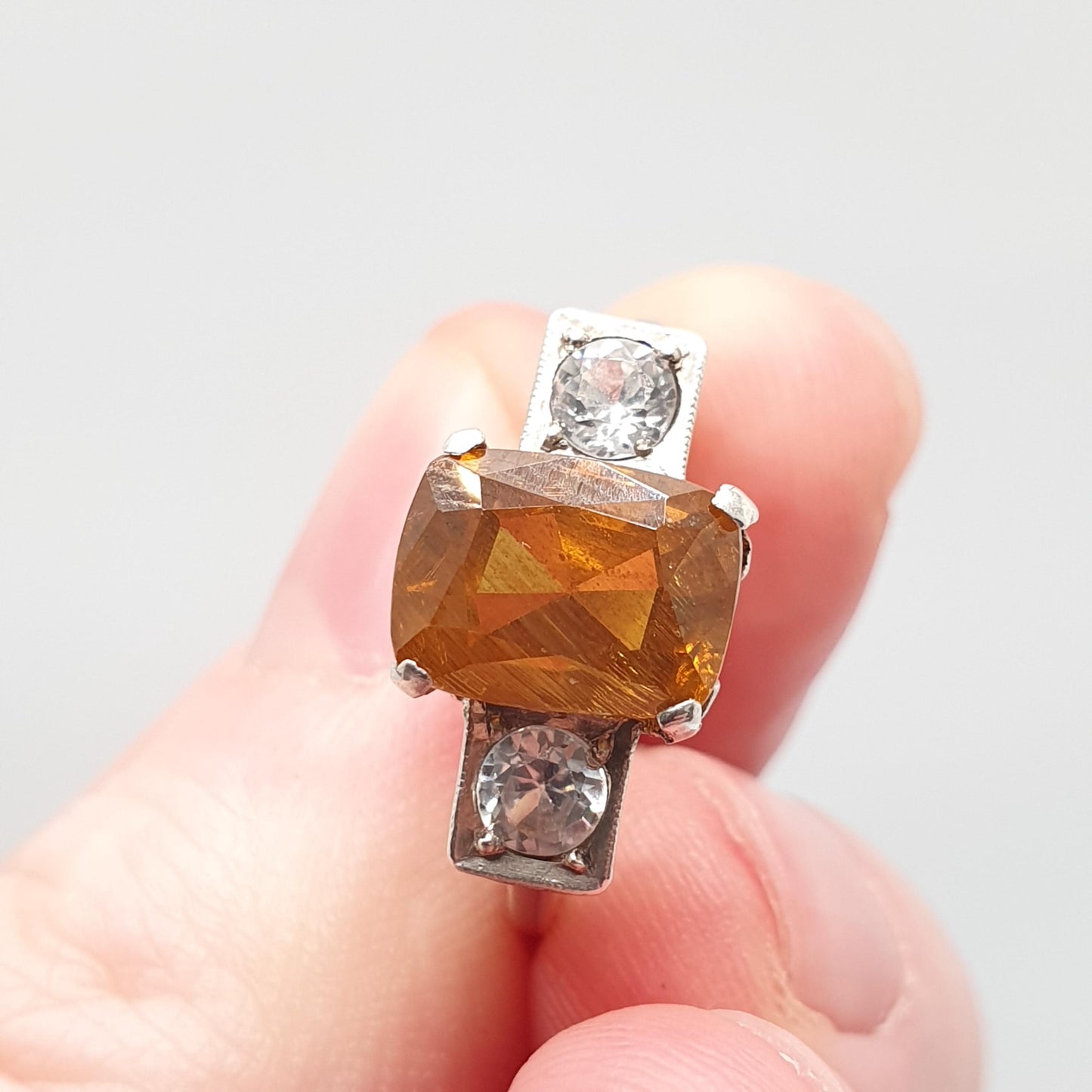 Antique Spessartite Garnet Solid Silver Ring White Spinel Orange Art Deco 1920s Natural Gemstone Womens Jewelry Jewellery