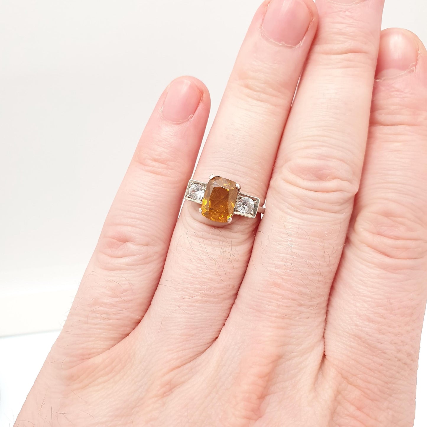 Antique Spessartite Garnet Solid Silver Ring White Spinel Orange Art Deco 1920s Natural Gemstone Womens Jewelry Jewellery