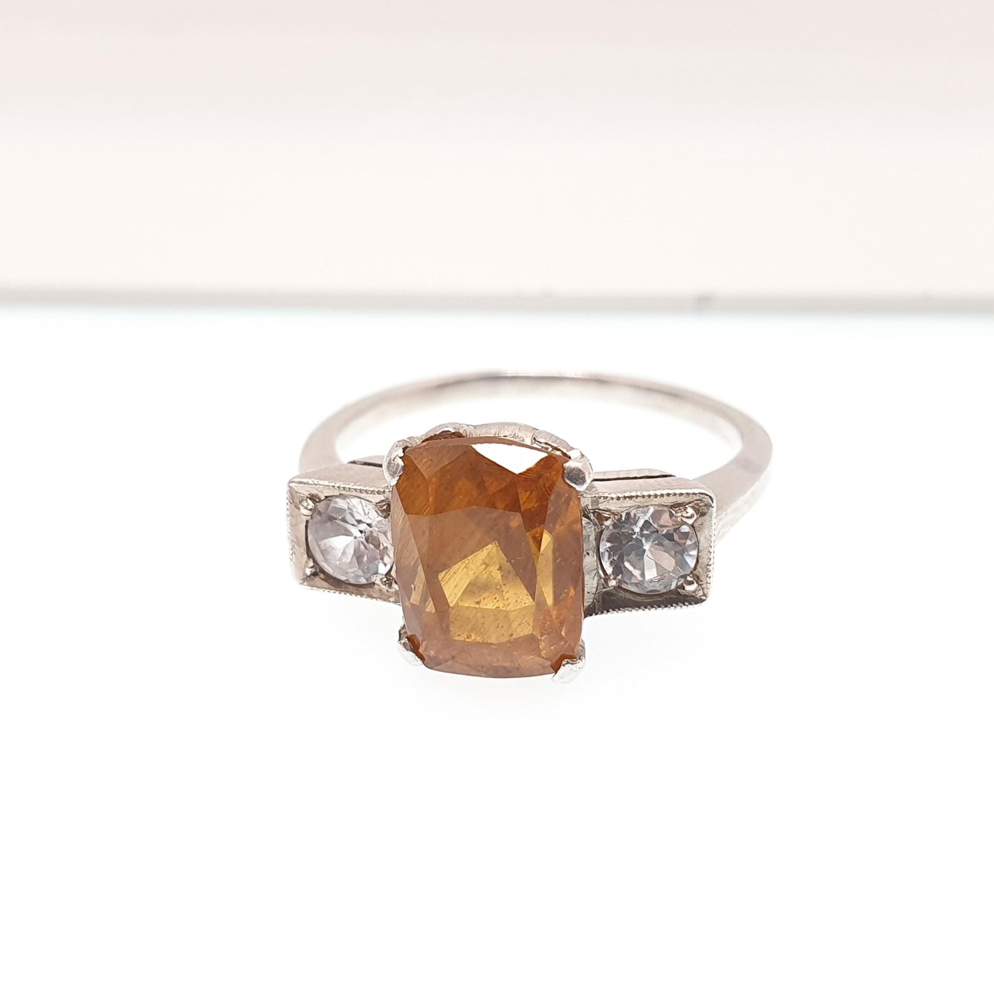Antique Spessartite Garnet Solid Silver Ring White Spinel Orange Art Deco 1920s Natural Gemstone Womens Jewelry Jewellery