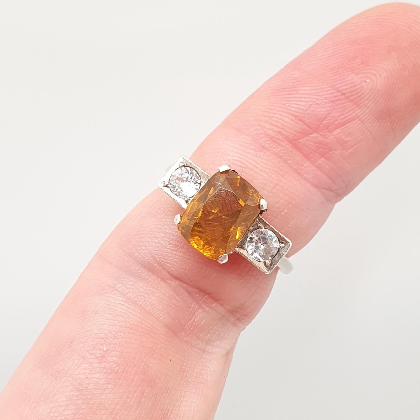 Antique Spessartite Garnet Solid Silver Ring White Spinel Orange Art Deco 1920s Natural Gemstone Womens Jewelry Jewellery