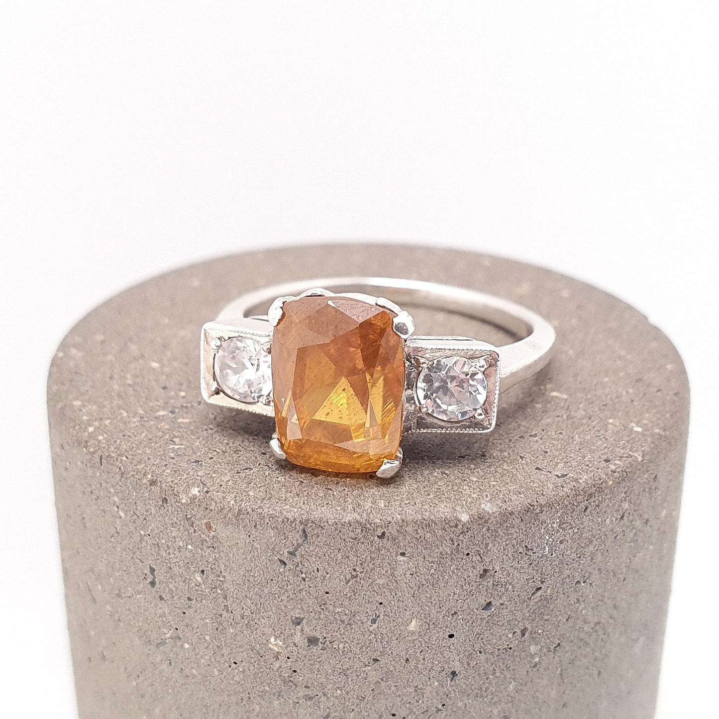 Antique Spessartite Garnet Solid Silver Ring White Spinel Orange Art Deco 1920s Natural Gemstone Womens Jewelry Jewellery